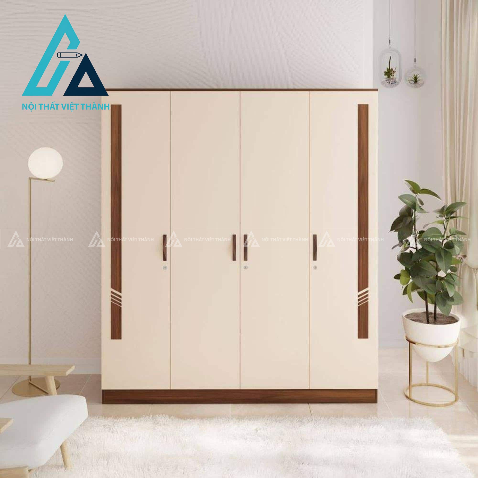 Tủ quần áo 4 cánh MDF màu nâu be hiện đại tiện nghi cho phòng ngủ