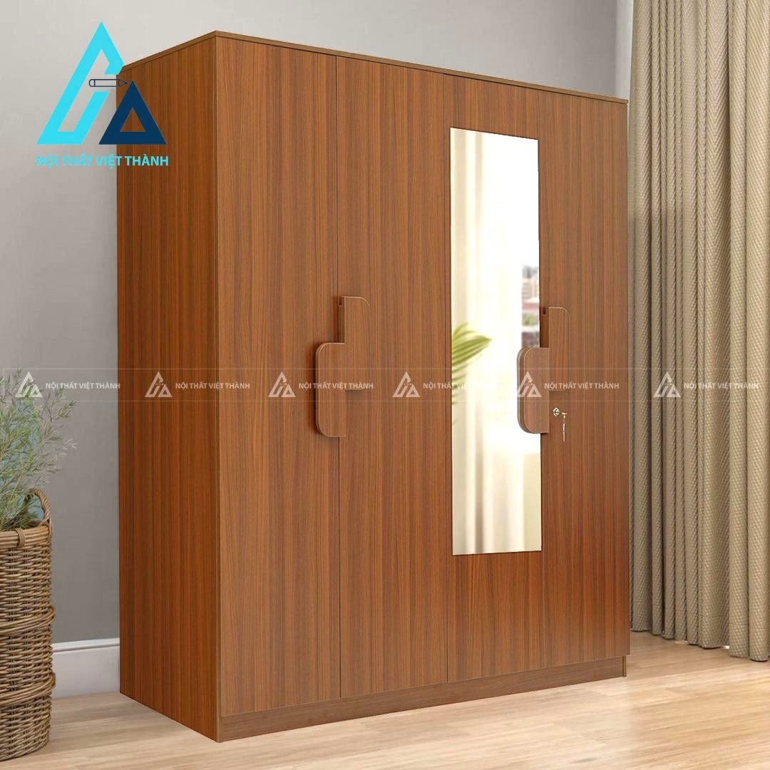 Tủ quần áo 4 cánh MDF màu óc chó tích hợp gương sang trọng hiện đại