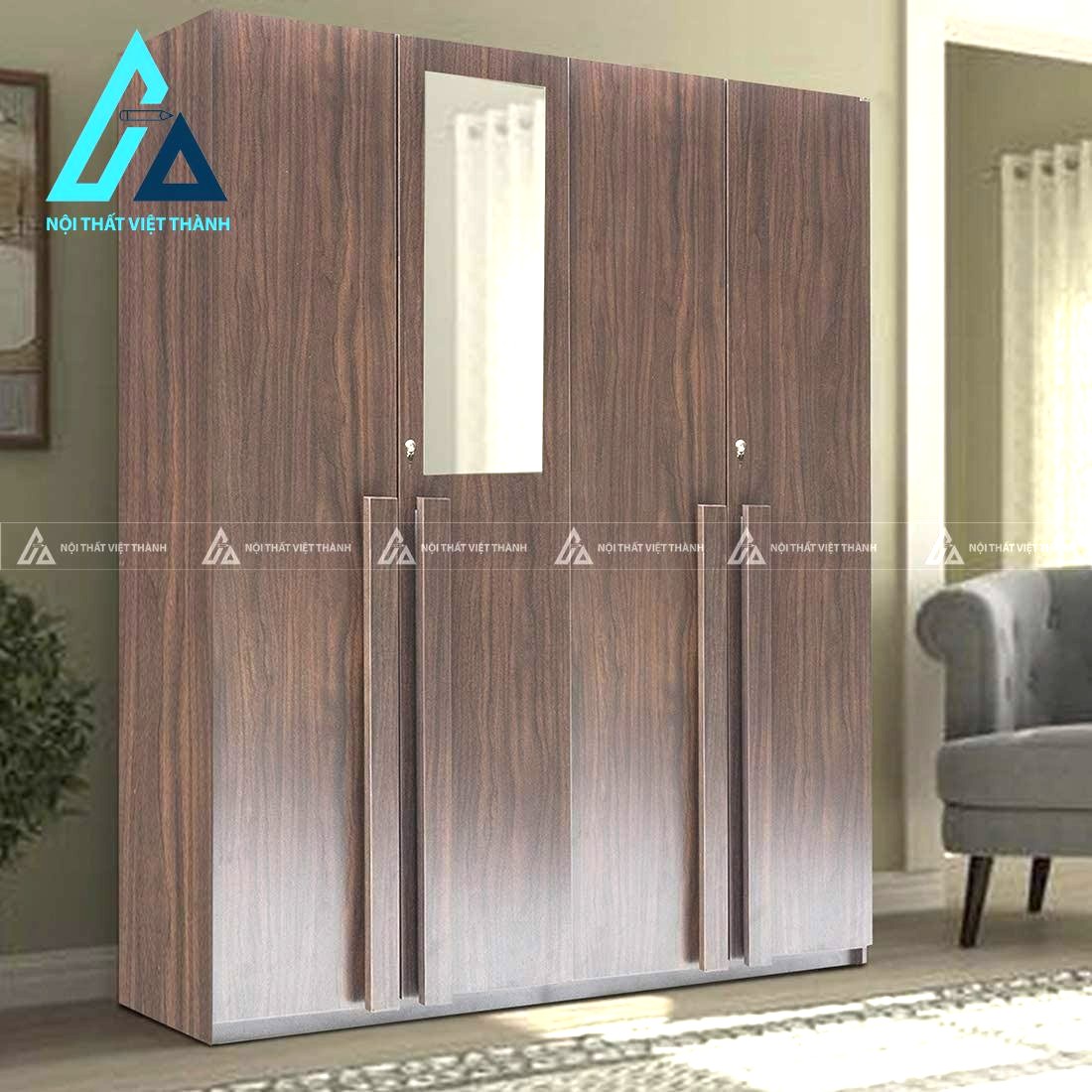 Tủ quần áo 4 cánh MDF màu óc chó tích hợp gương soi tiện nghi hiện đại