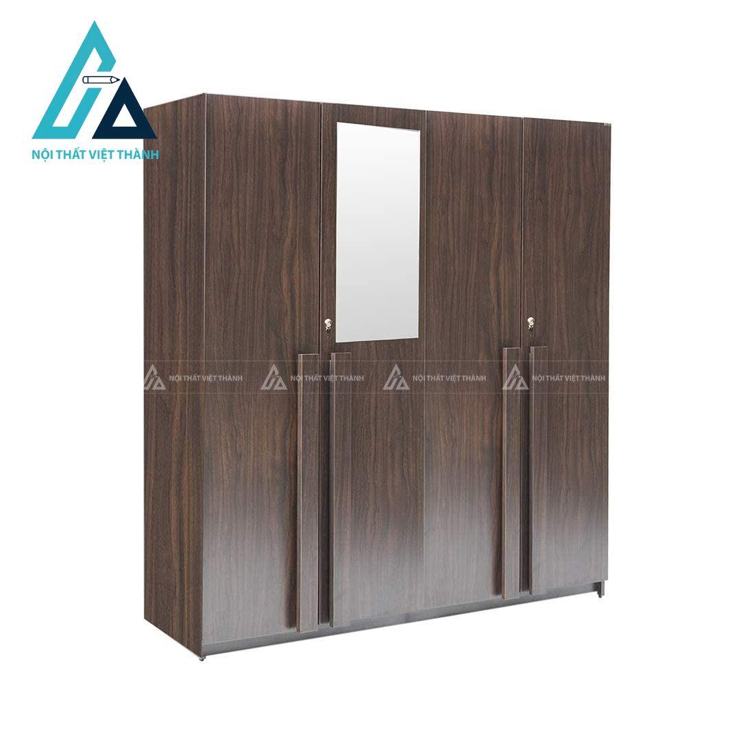Tủ quần áo 4 cánh MDF màu óc chó tích hợp gương soi tiện nghi hiện đại 2