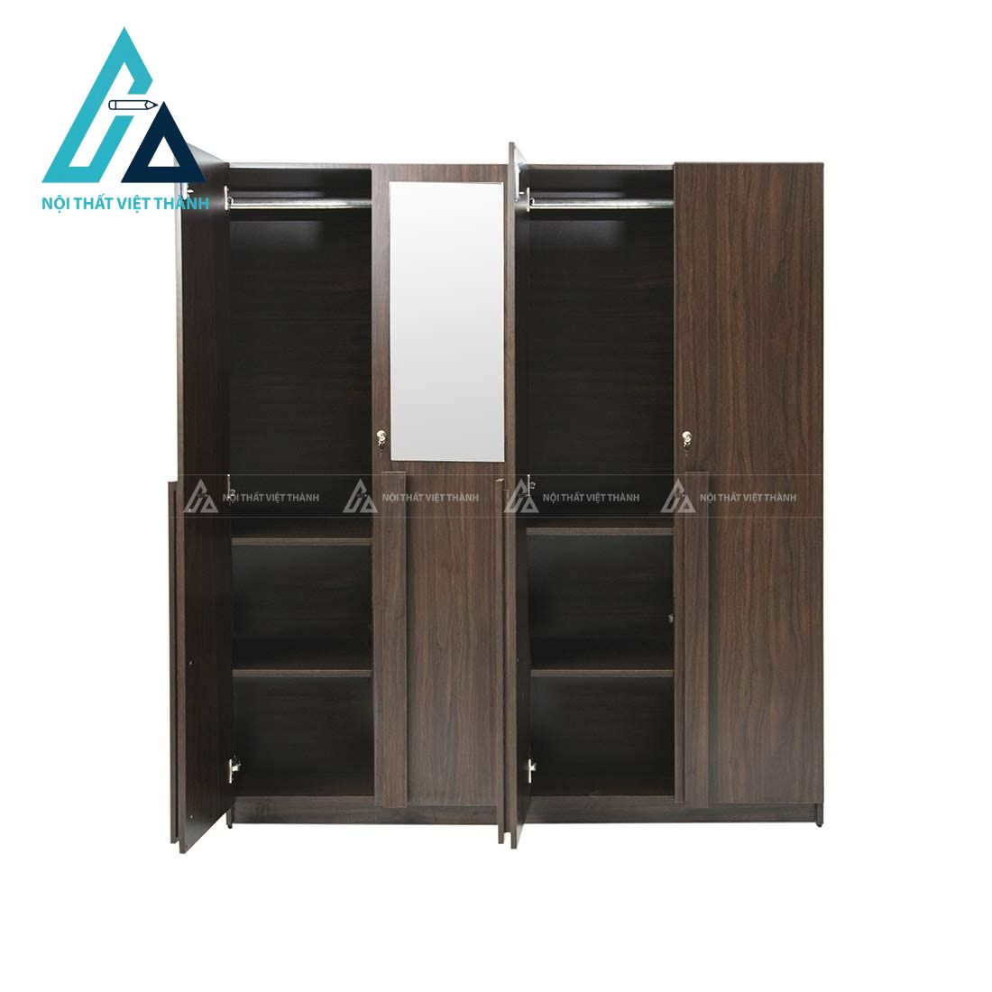 Tủ quần áo 4 cánh MDF màu óc chó tích hợp gương soi tiện nghi hiện đại 3