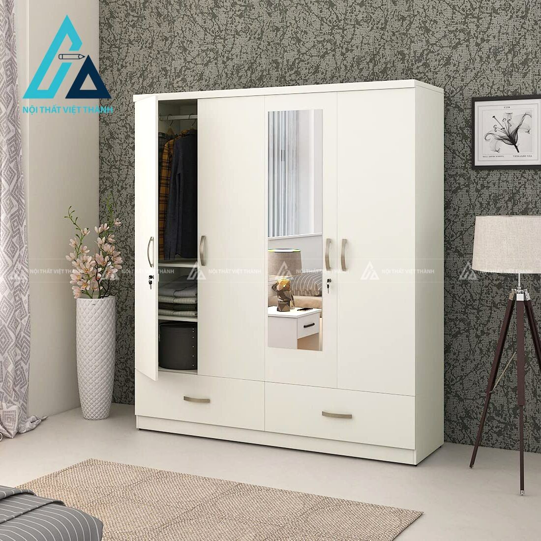 Tủ quần áo 4 cánh MDF màu trắng có gương hiện đại rộng rãi tiện lợi