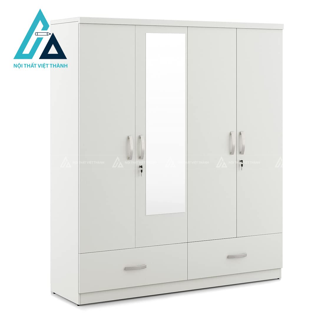 Tủ quần áo 4 cánh MDF màu trắng có gương hiện đại rộng rãi tiện lợi 2
