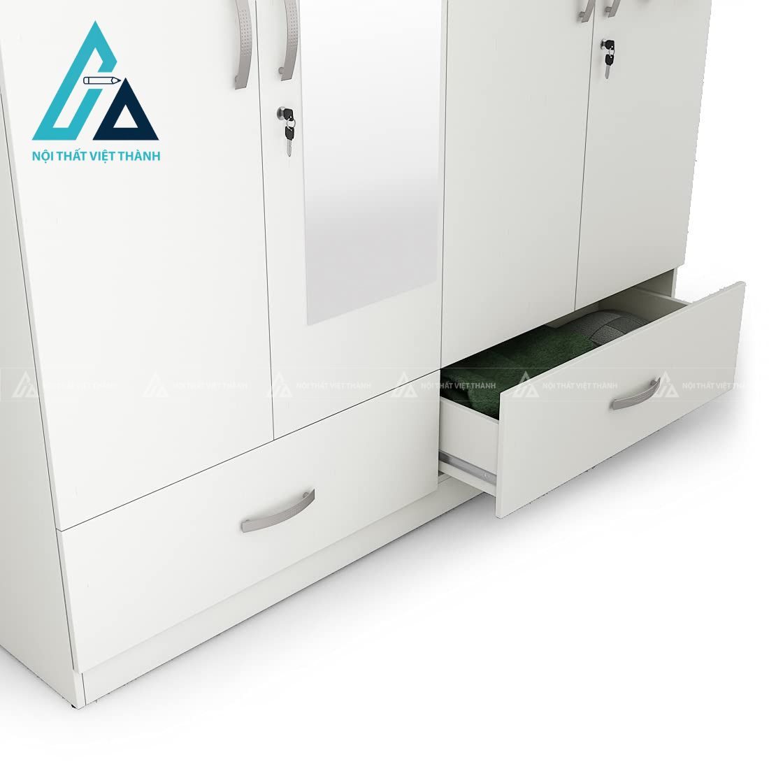 Tủ quần áo 4 cánh MDF màu trắng có gương hiện đại rộng rãi tiện lợi 3