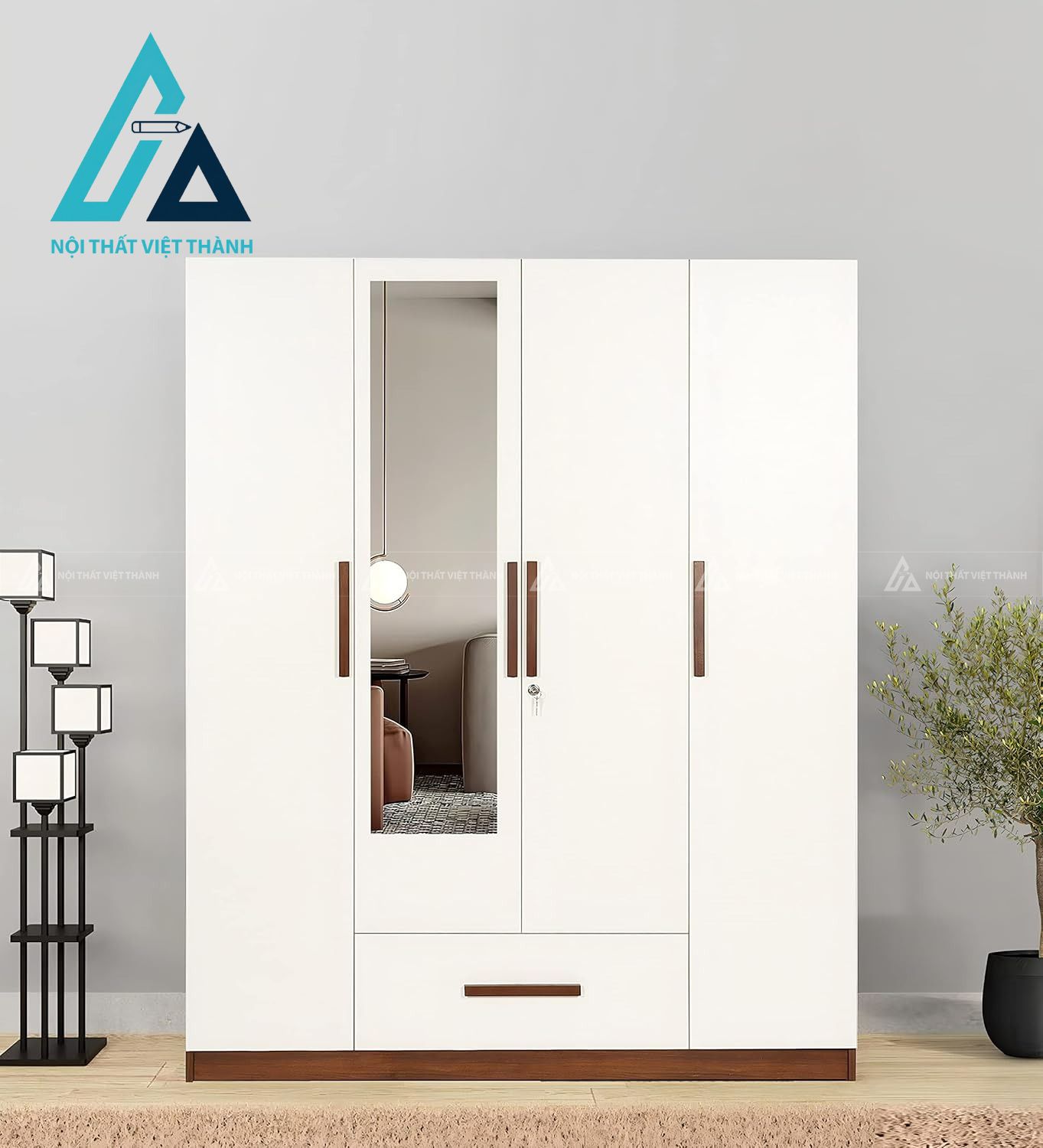 Tủ quần áo 4 cánh MDF màu trắng kèm gương hiện đại 1 ngăn kéo