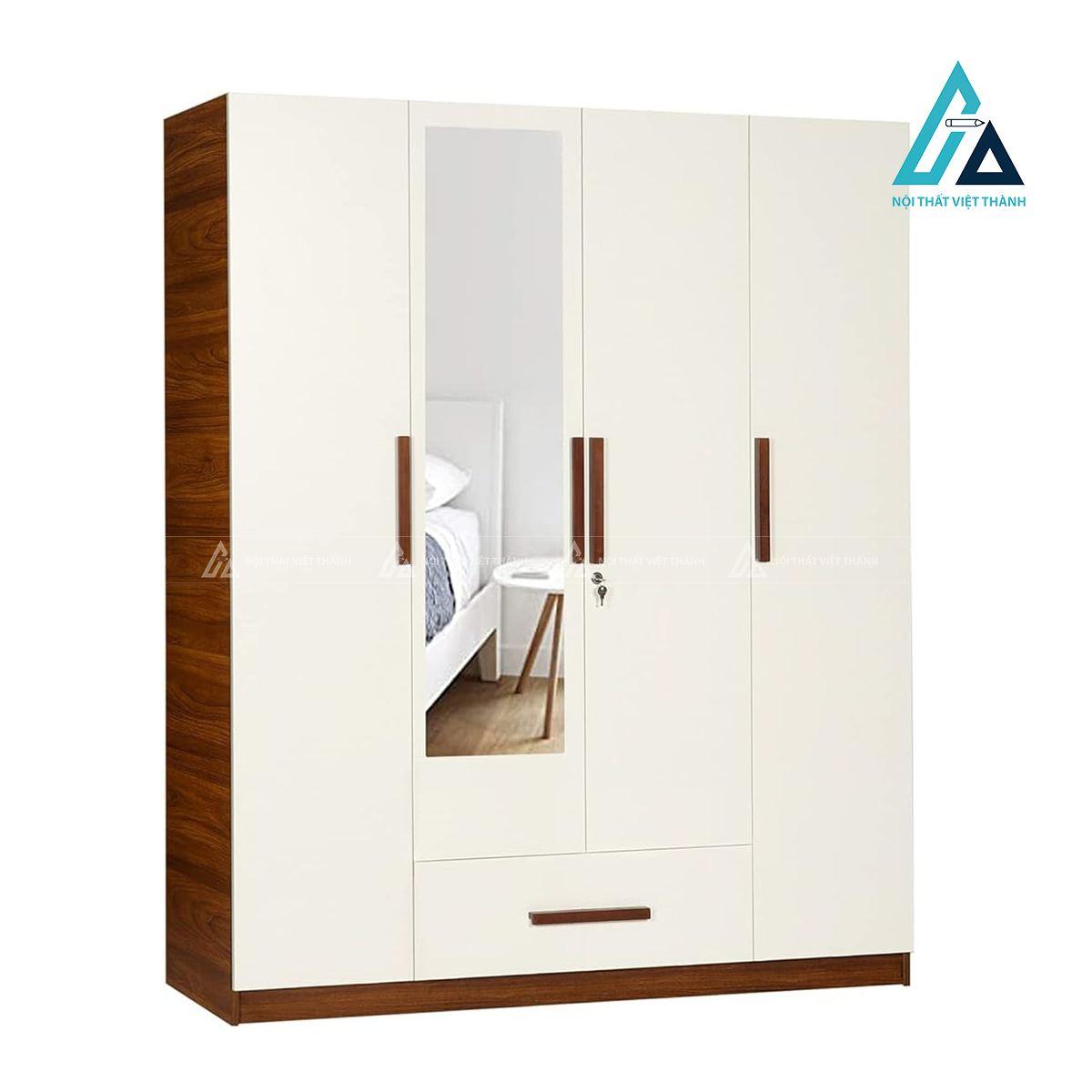 Tủ quần áo 4 cánh MDF màu trắng kèm gương hiện đại 1 ngăn kéo 1