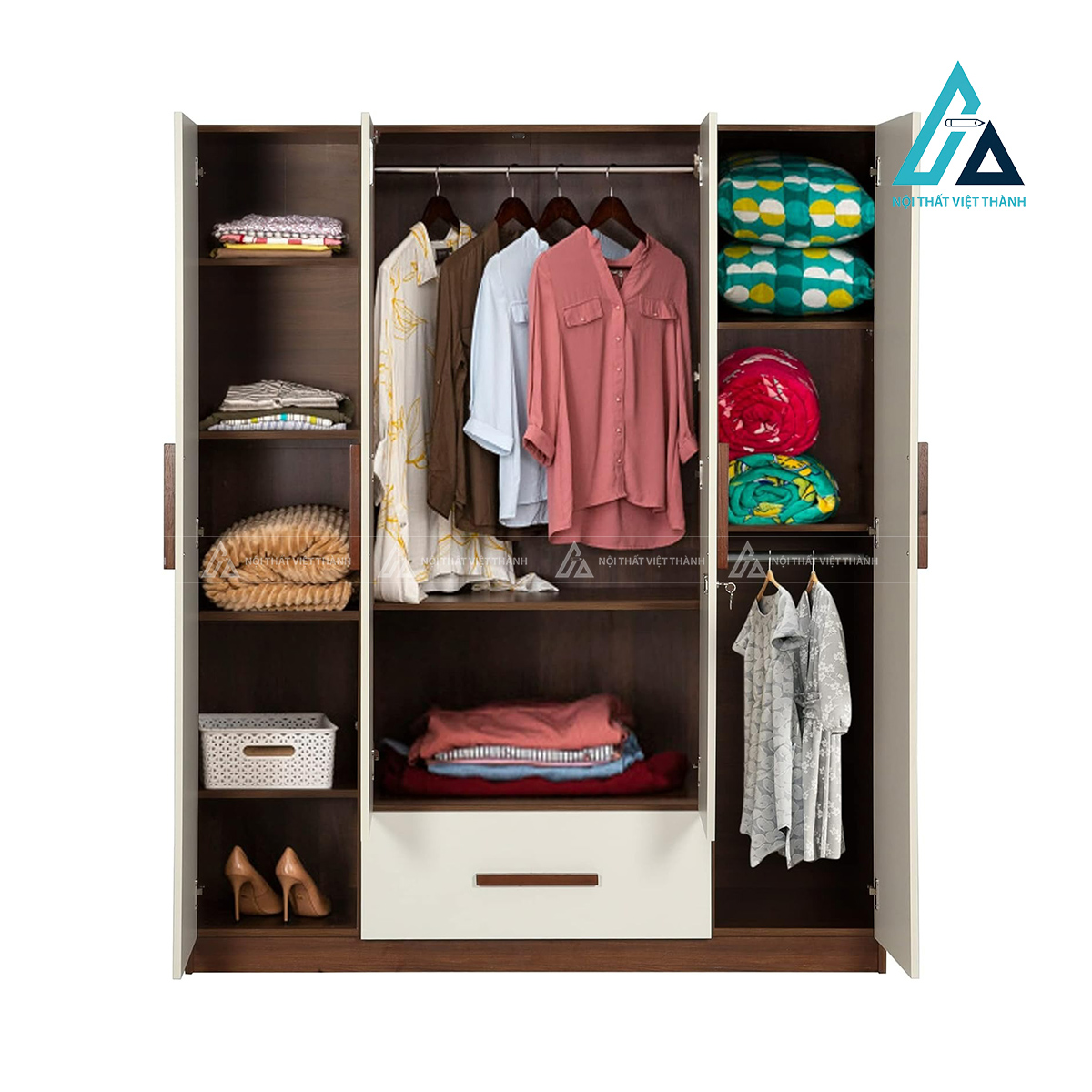 Tủ quần áo 4 cánh MDF màu trắng kèm gương hiện đại 1 ngăn kéo 2