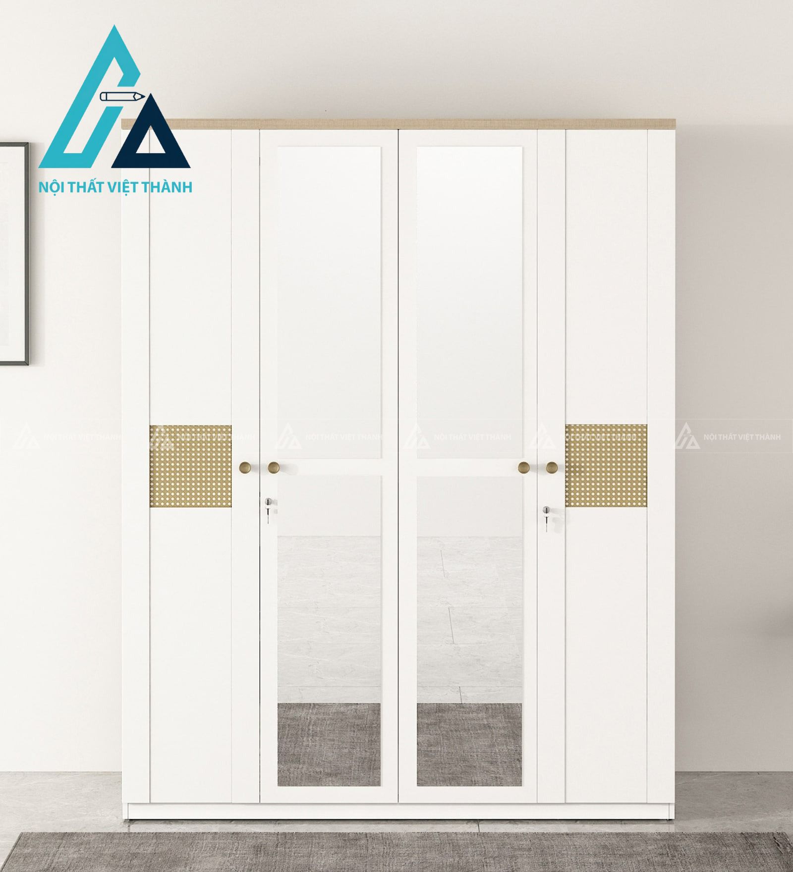 Tủ quần áo 4 cánh MDF màu trắng phối mây đan cánh gương hiện đại