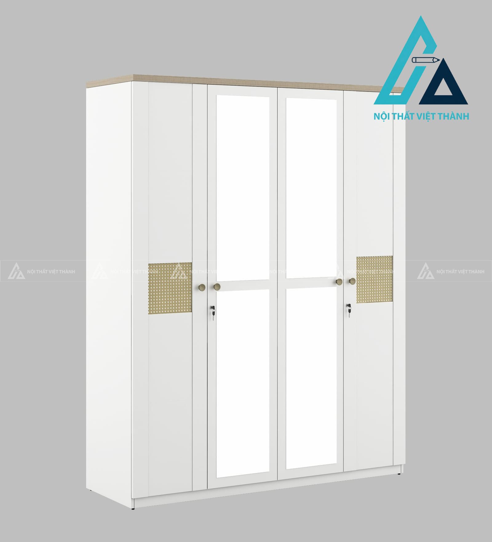 Tủ quần áo 4 cánh MDF màu trắng phối mây đan cánh gương hiện đại 1