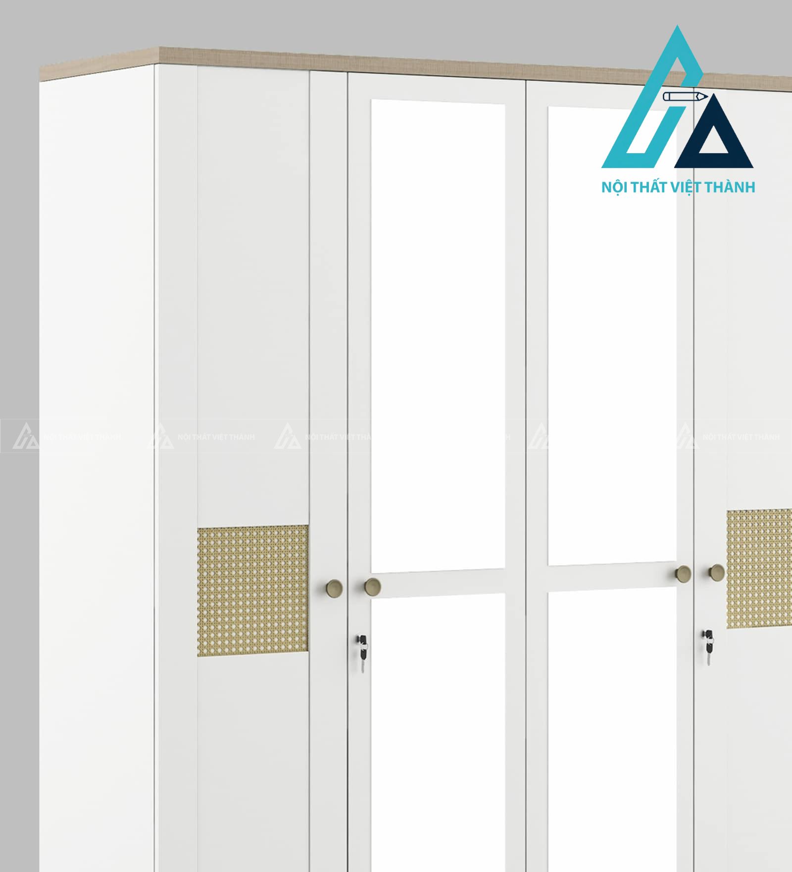 Tủ quần áo 4 cánh MDF màu trắng phối mây đan cánh gương hiện đại 3