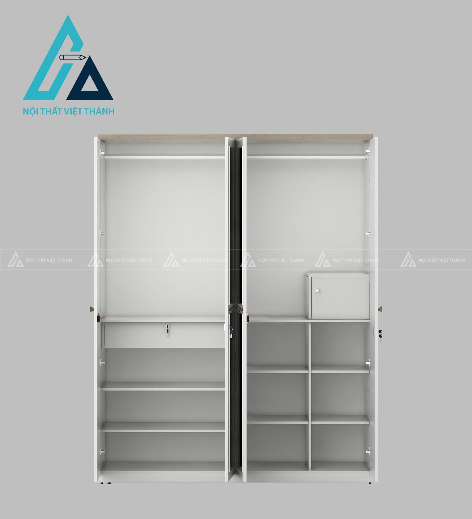 Tủ quần áo 4 cánh MDF màu trắng phối mây đan cánh gương hiện đại 4