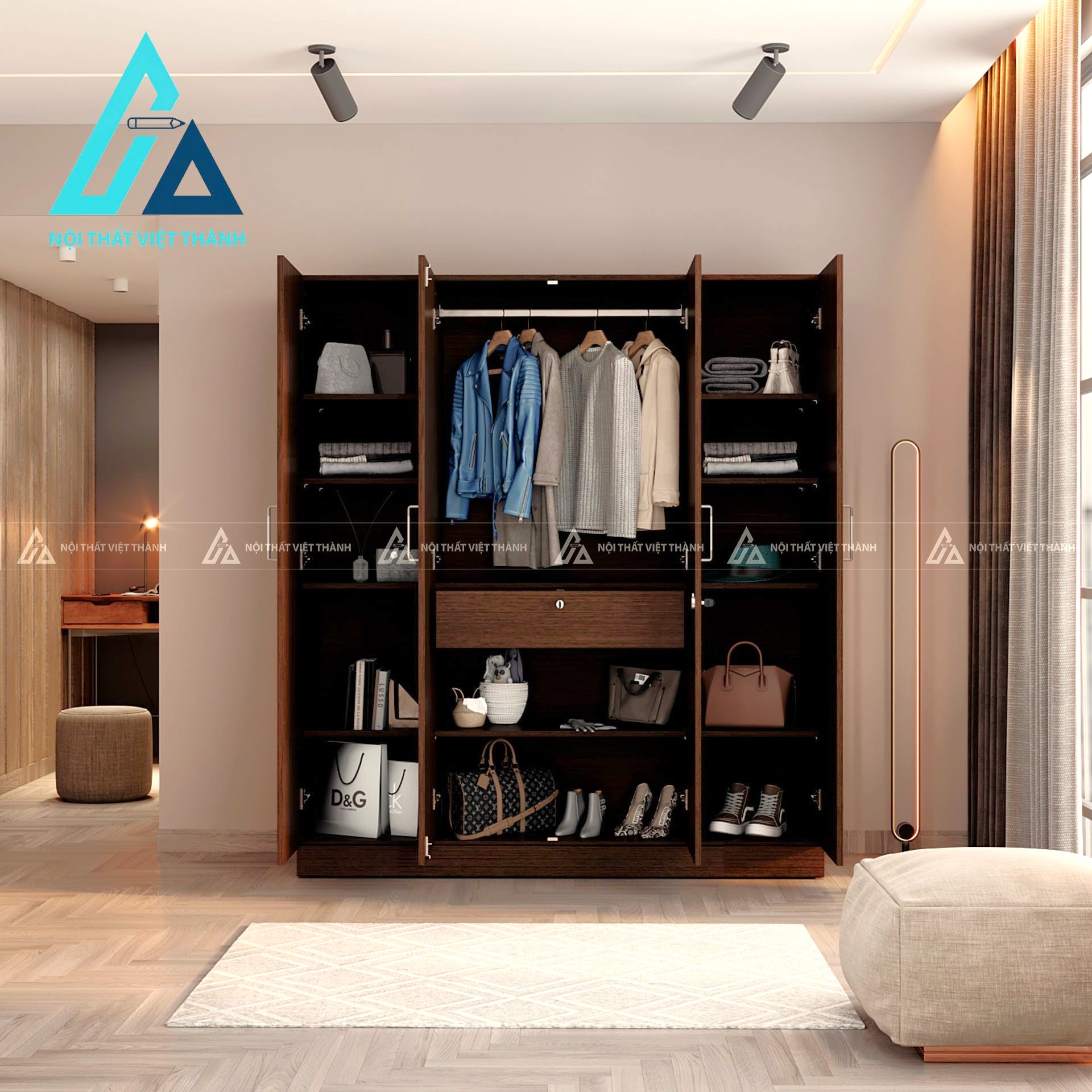 Tủ quần áo 4 cánh MDF màu Wenge có gương và ngăn kéo tiện nghi hiện đại