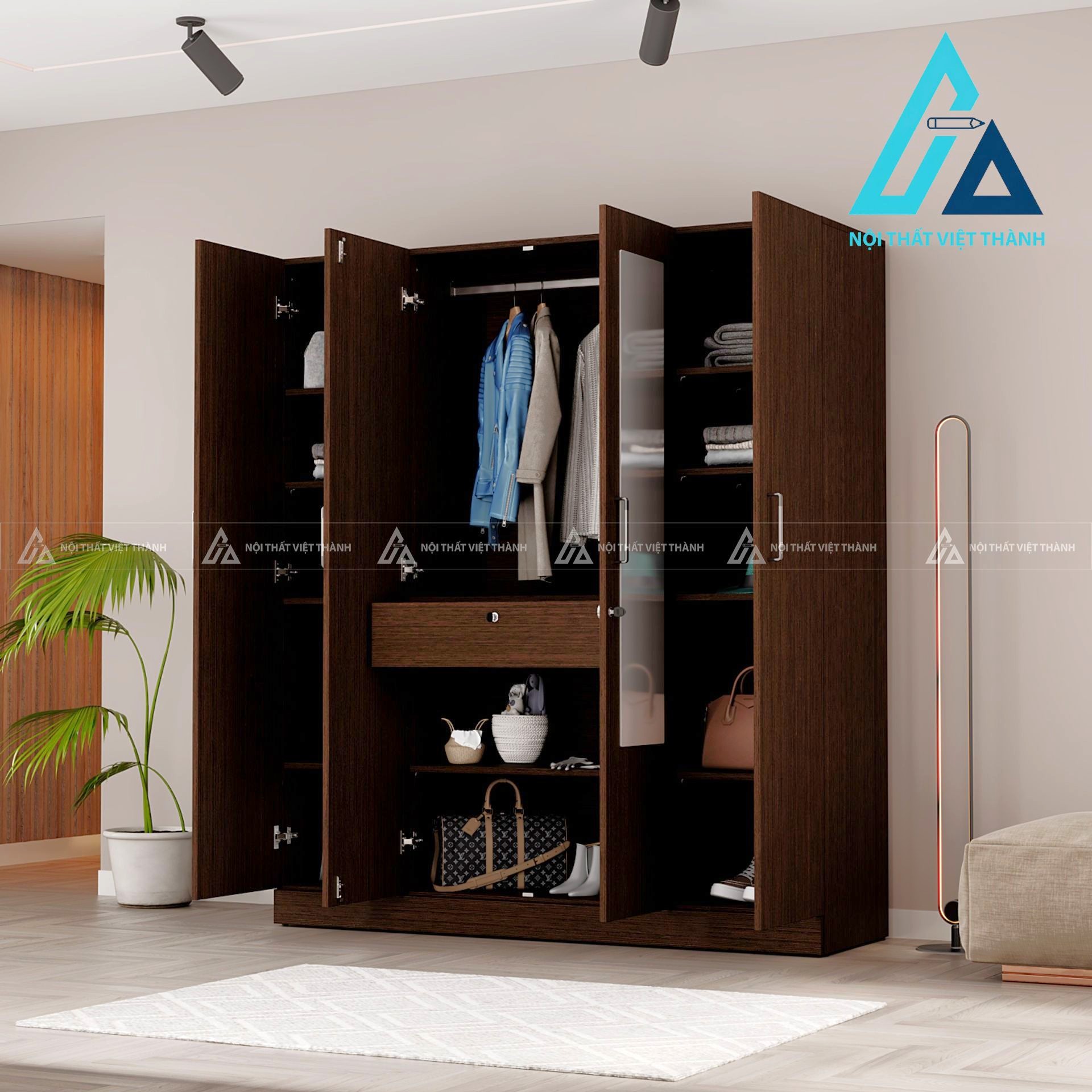 Tủ quần áo 4 cánh MDF màu Wenge có gương và ngăn kéo tiện nghi hiện đại 1
