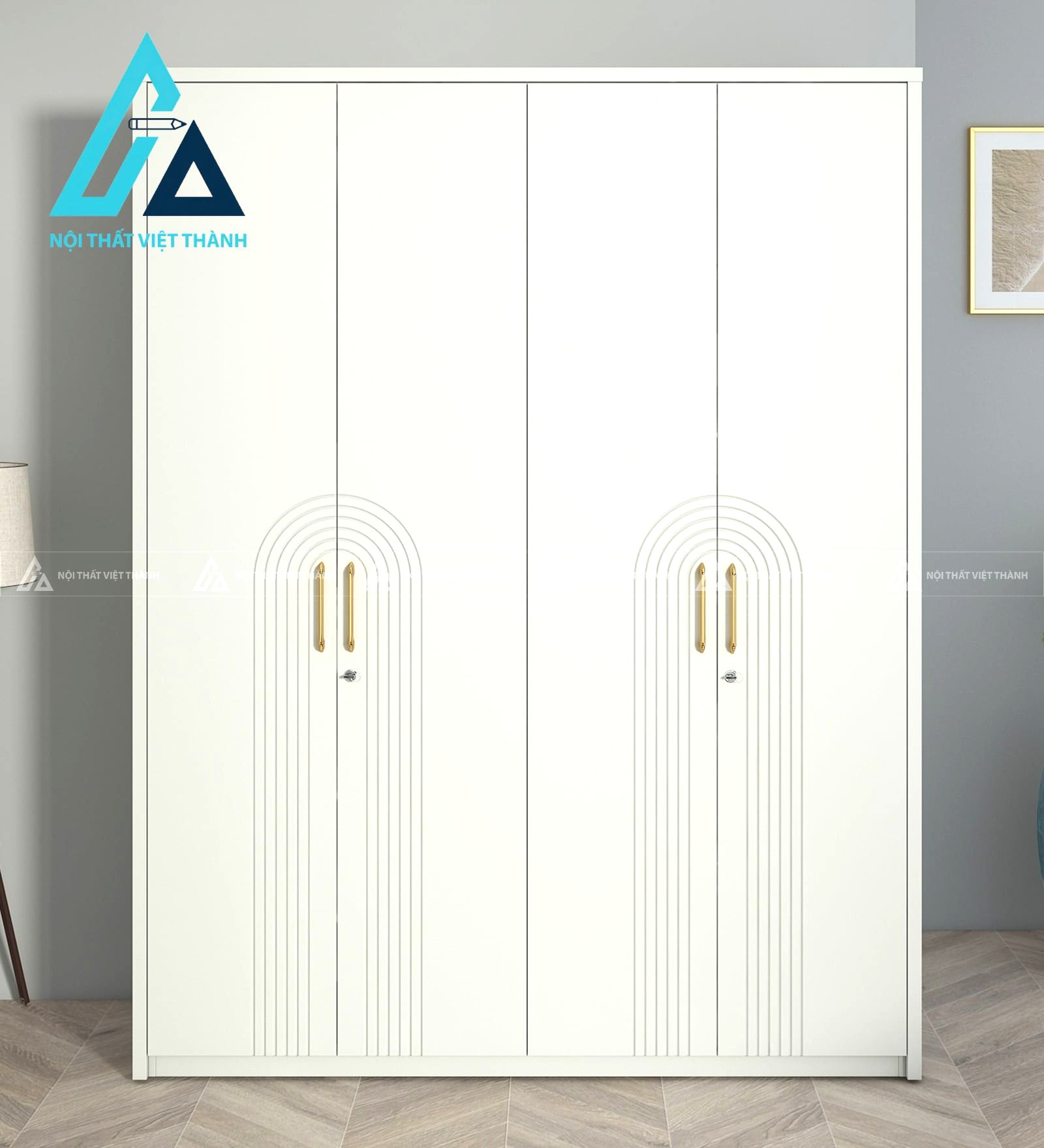 Tủ quần áo 4 cánh MDF màu xám có hộc kéo và ngăn khóa tiện nghi