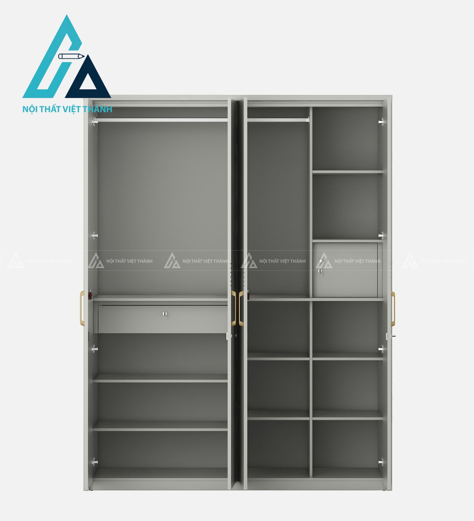 Tủ quần áo 4 cánh MDF màu xám có hộc kéo và ngăn khóa tiện nghi 1