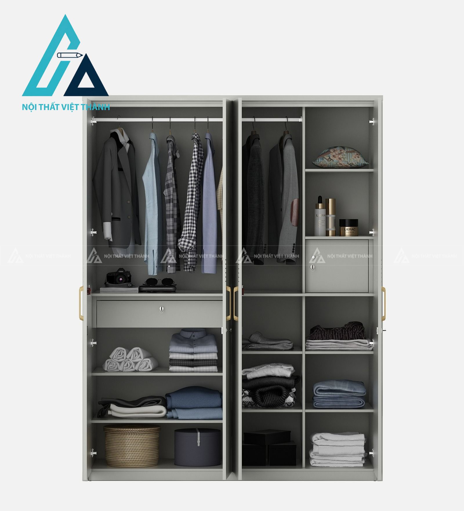 Tủ quần áo 4 cánh MDF màu xám có hộc kéo và ngăn khóa tiện nghi 4