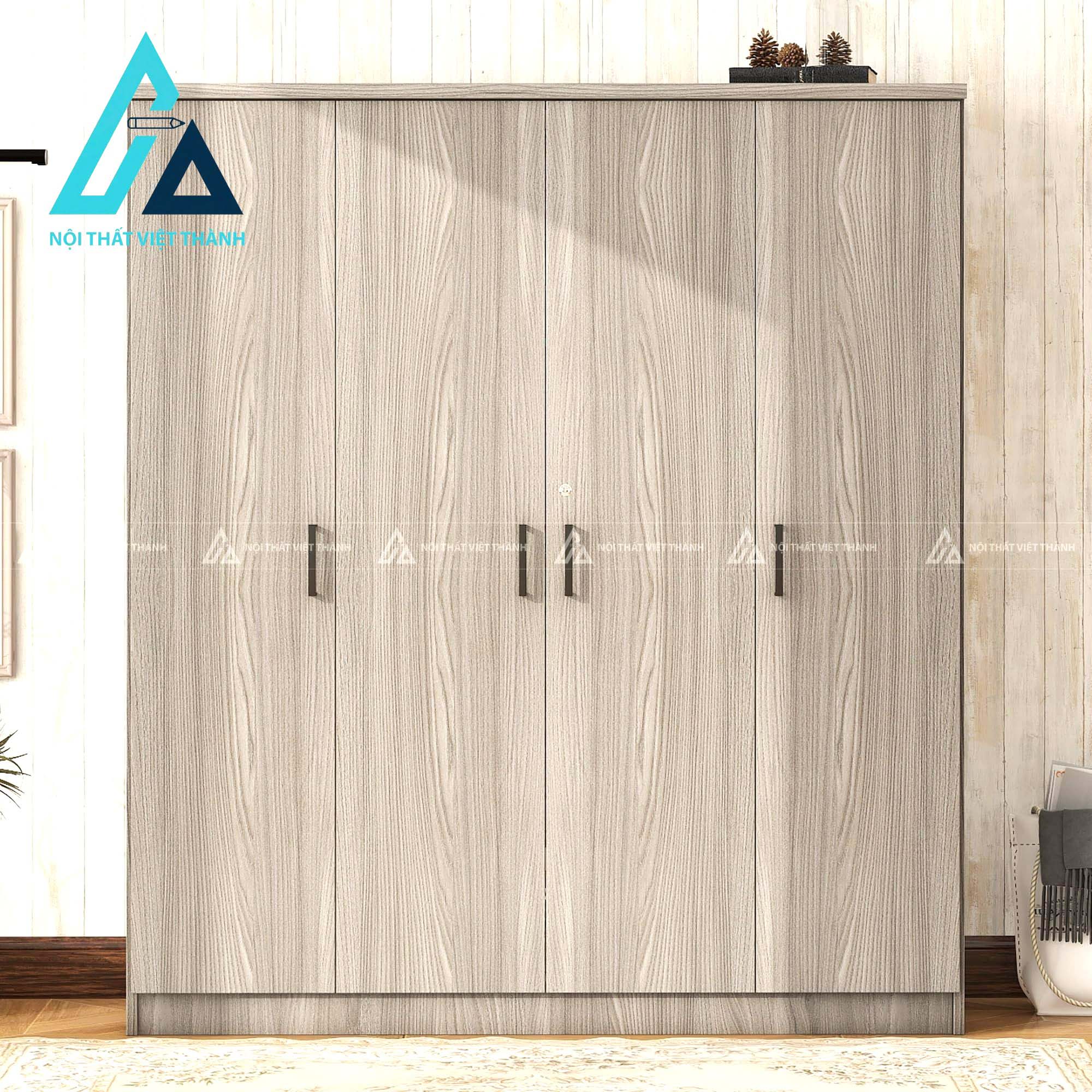 Tủ quần áo 4 cánh MDF màu xám vân gỗ hiện đại có ngăn kéo tiện lợi