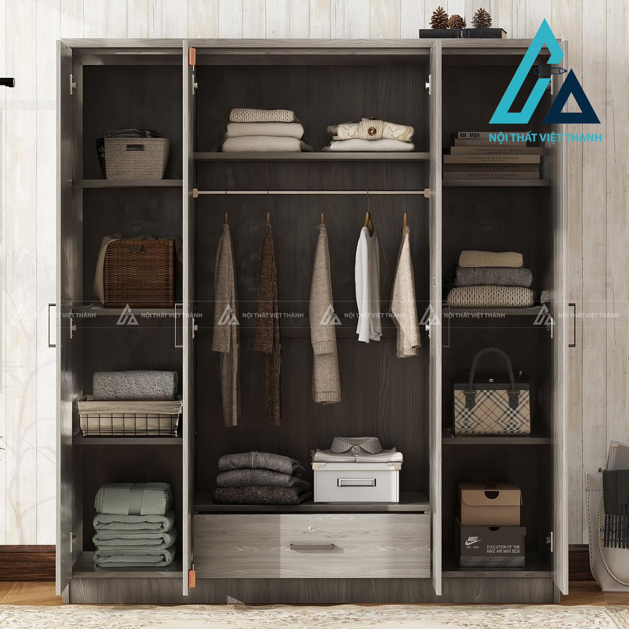 Tủ quần áo 4 cánh MDF màu xám vân gỗ hiện đại có ngăn kéo tiện lợi 1
