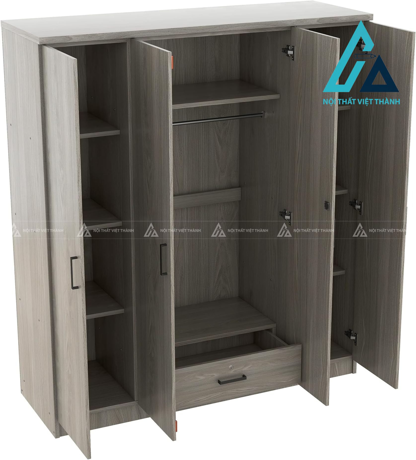 Tủ quần áo 4 cánh MDF màu xám vân gỗ hiện đại có ngăn kéo tiện lợi 4