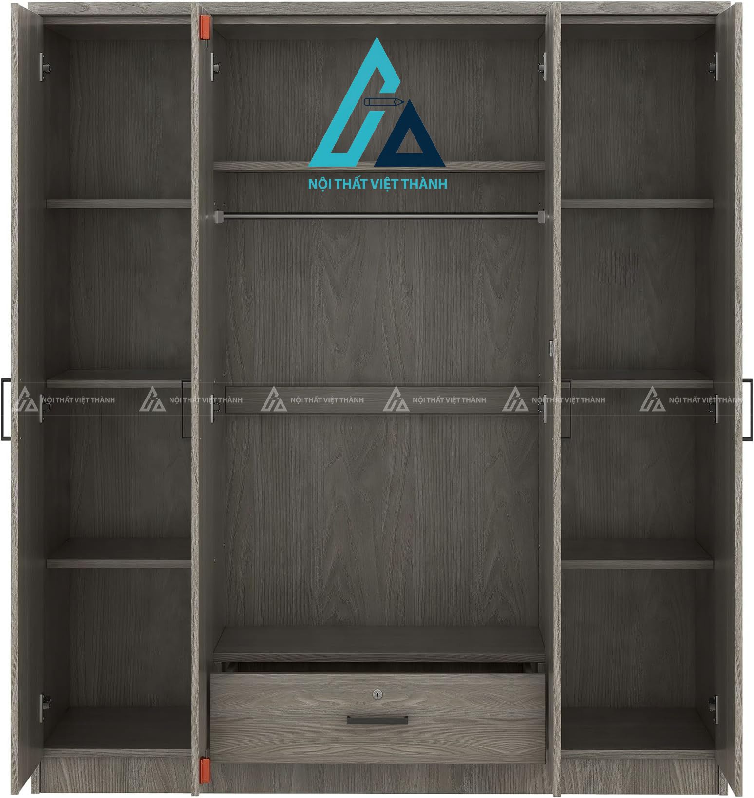 Tủ quần áo 4 cánh MDF màu xám vân gỗ hiện đại có ngăn kéo tiện lợi 5