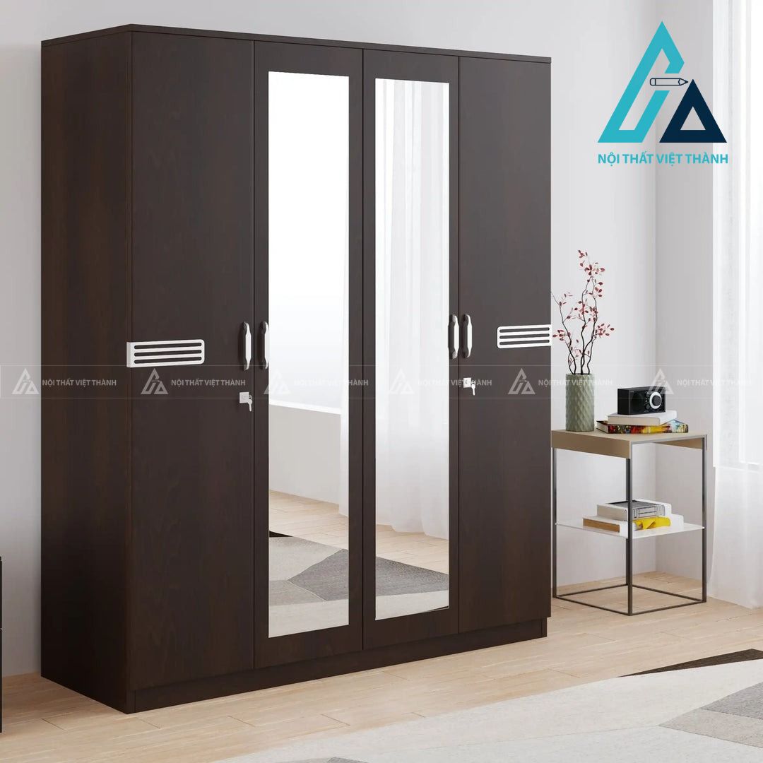 Tủ quần áo 4 cánh MDF phủ Melamine màu wenge có gương hiện đại