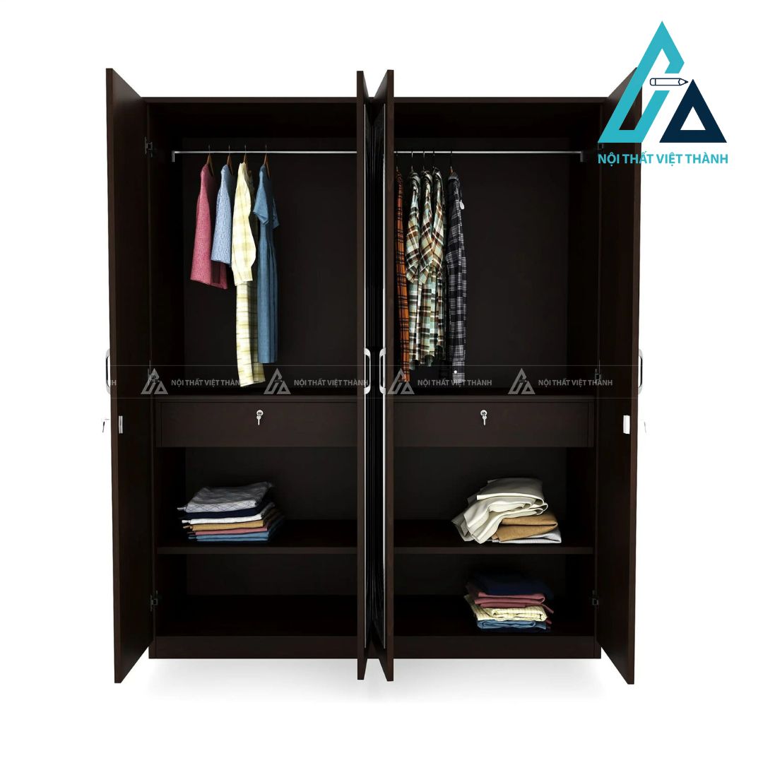 Tủ quần áo 4 cánh MDF phủ Melamine màu wenge có gương hiện đại 3