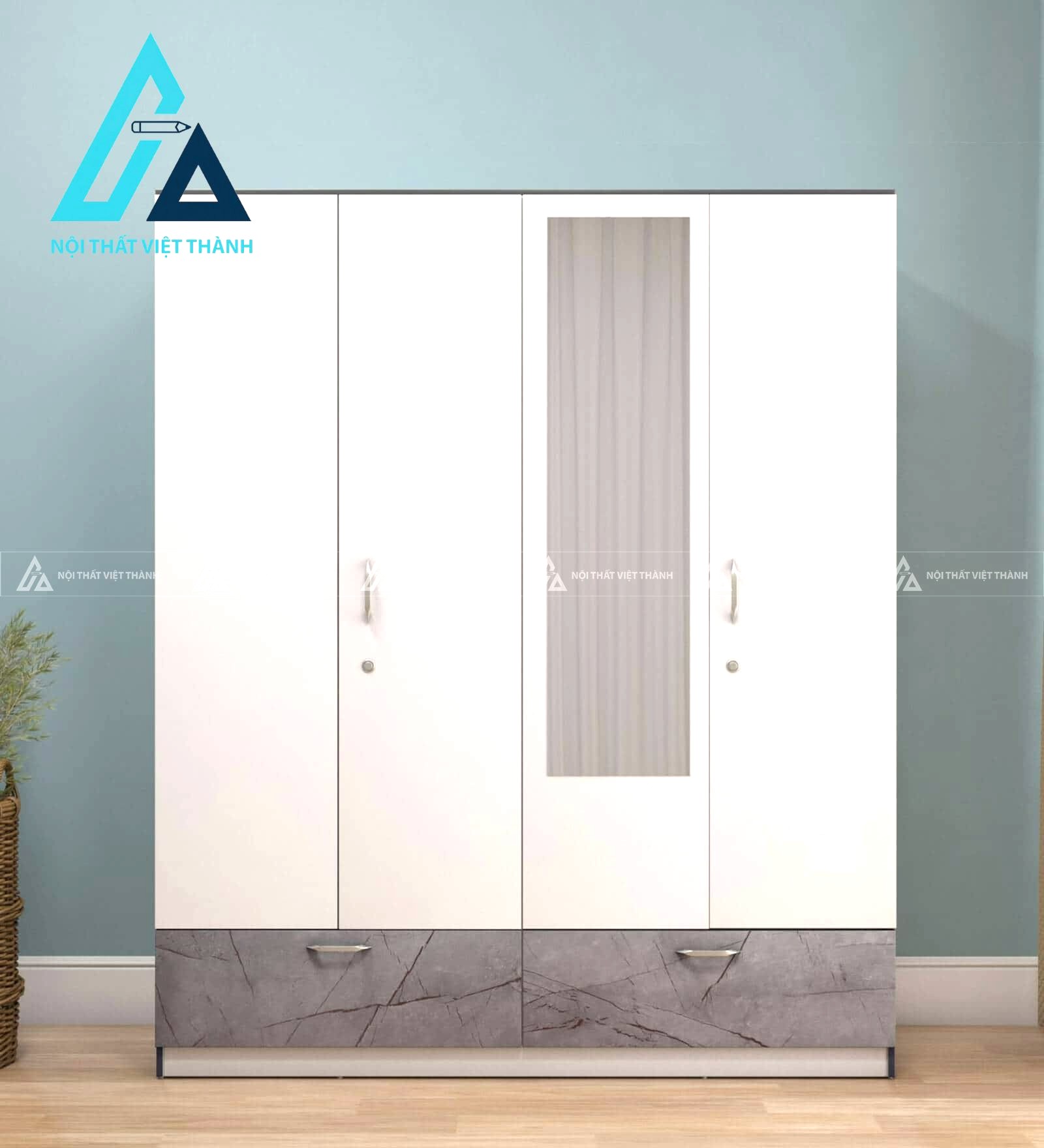 Tủ quần áo 4 cánh MDF phủ Melamine trắng có gương hiện đại tiện dụng