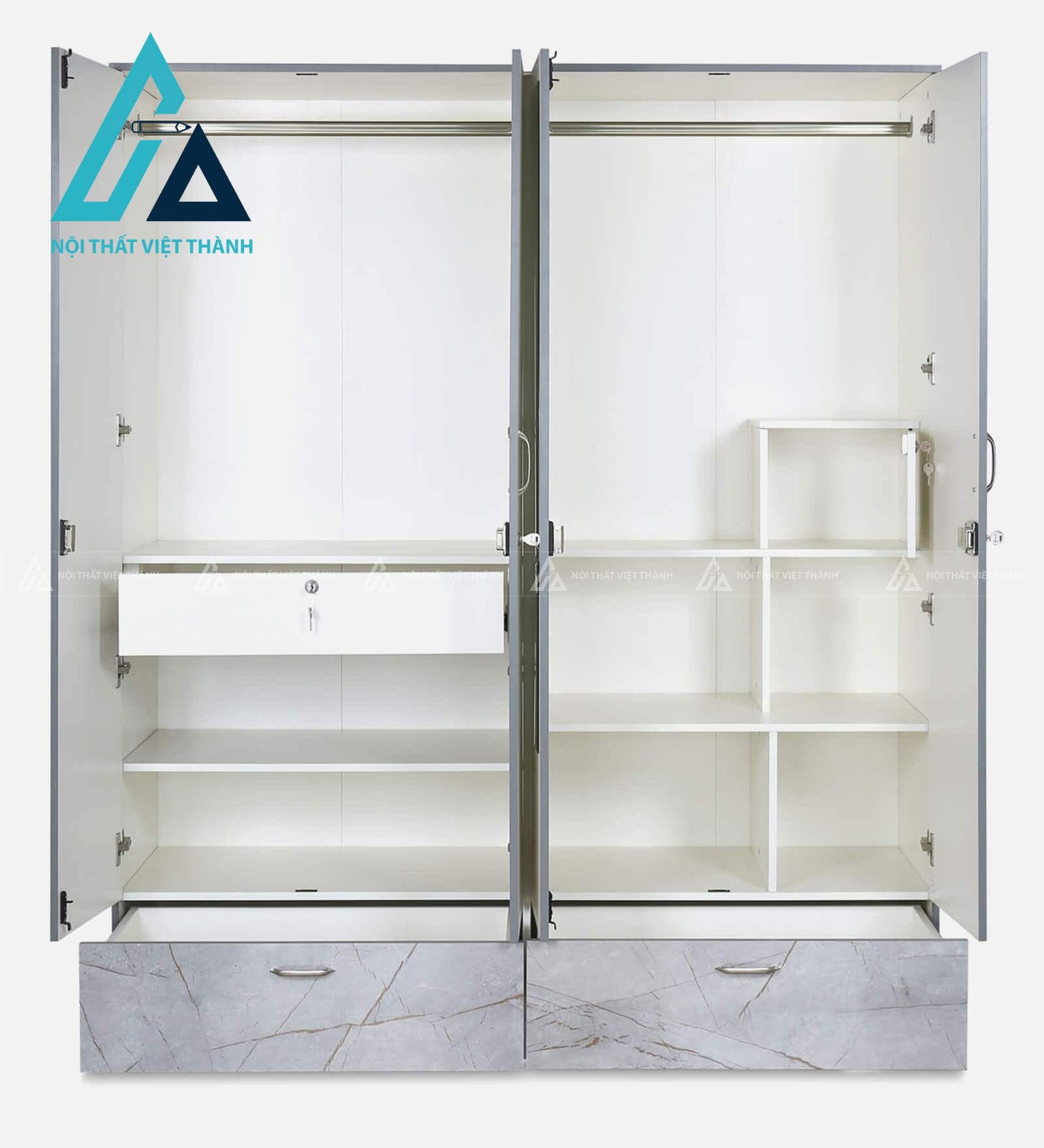 Tủ quần áo 4 cánh MDF phủ Melamine trắng có gương hiện đại tiện dụng 1