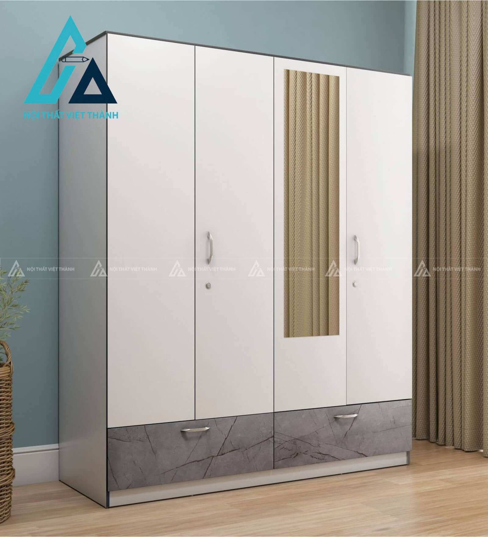 Tủ quần áo 4 cánh MDF phủ Melamine trắng có gương hiện đại tiện dụng 2