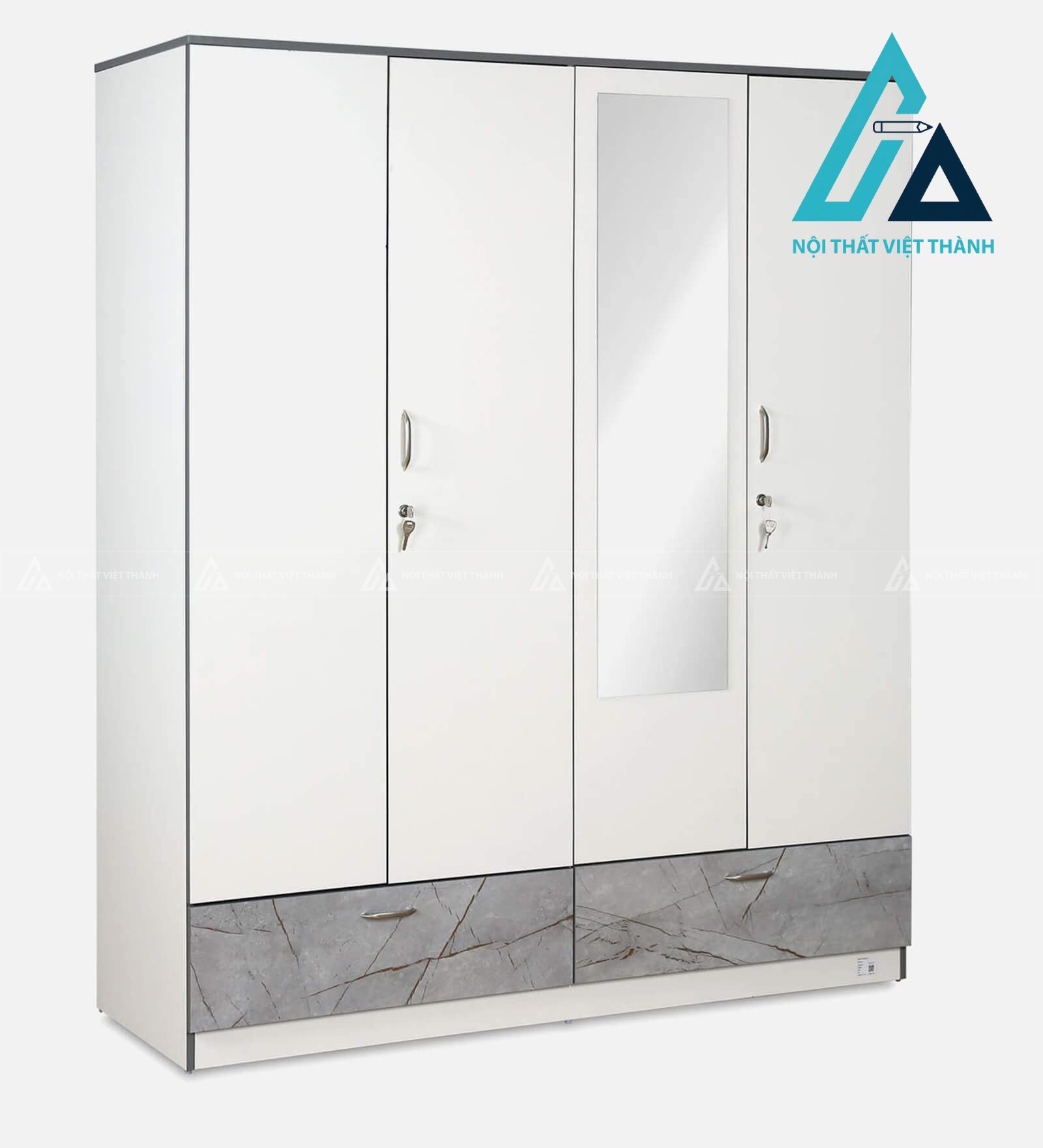 Tủ quần áo 4 cánh MDF phủ Melamine trắng có gương hiện đại tiện dụng 3