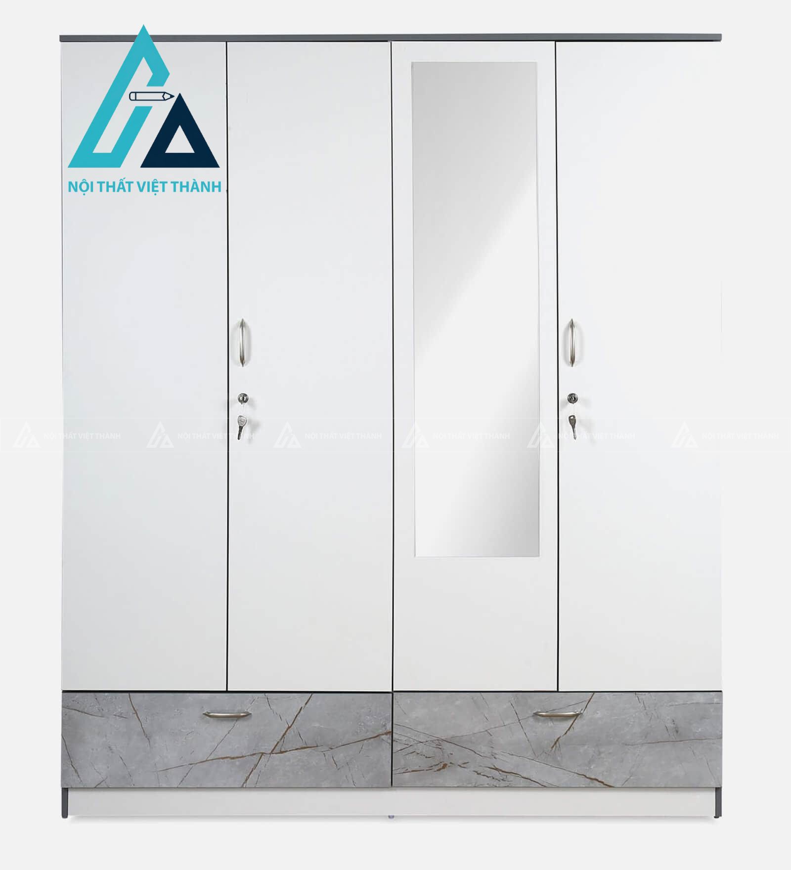 Tủ quần áo 4 cánh MDF phủ Melamine trắng có gương hiện đại tiện dụng 4