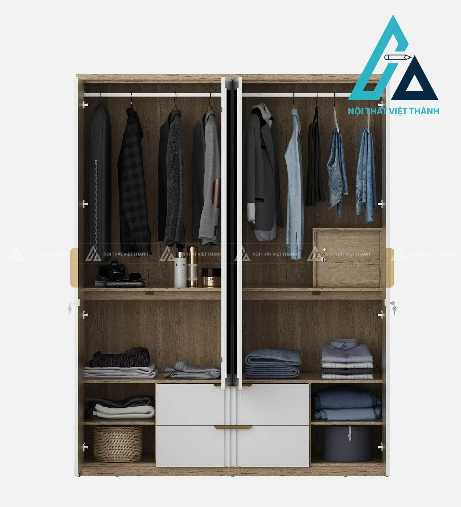 Tủ quần áo 4 cánh MDF trắng bóng cao cấp có gương hiện đại sang trọng 4