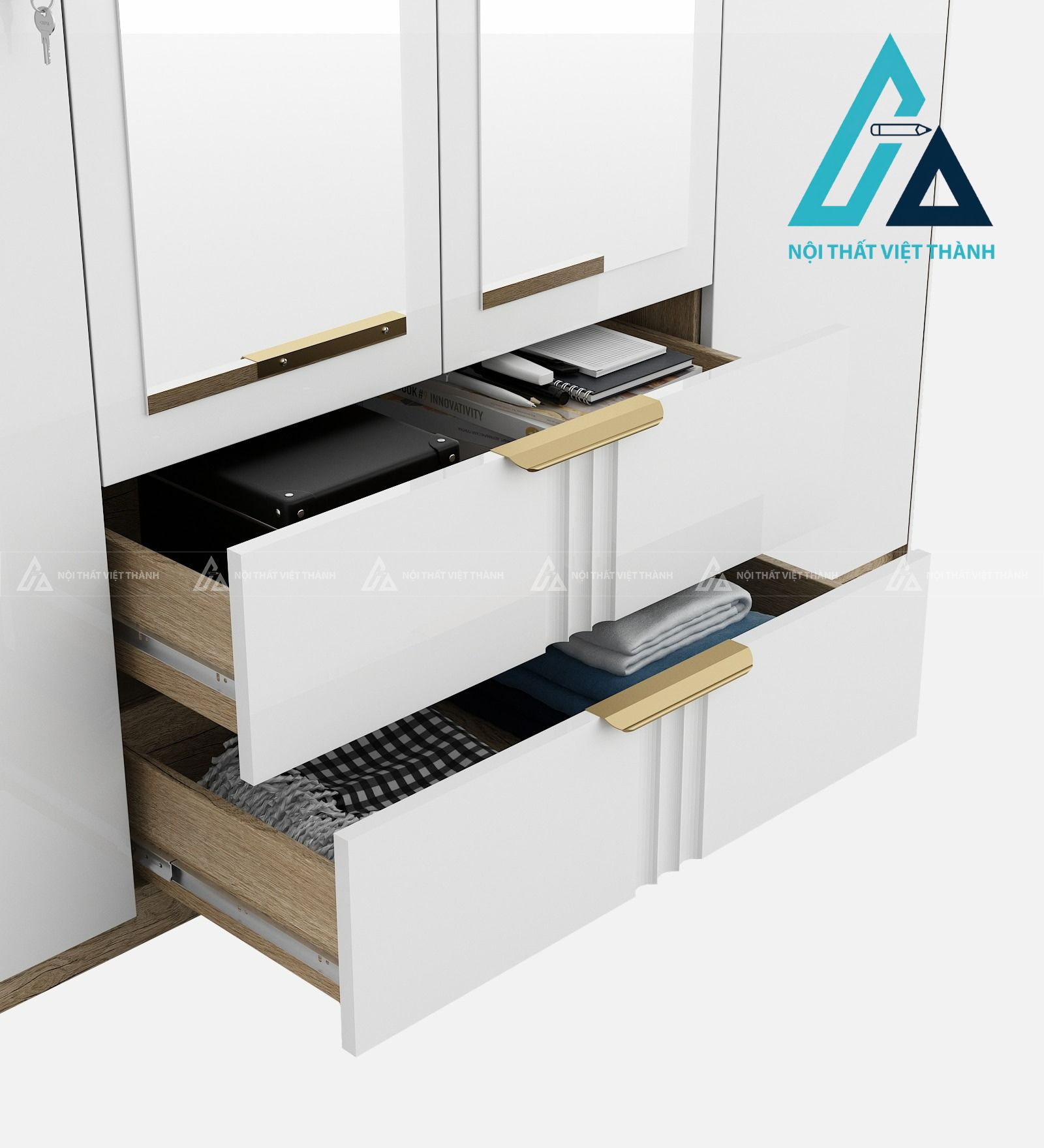 Tủ quần áo 4 cánh MDF trắng bóng cao cấp có gương hiện đại sang trọng 5
