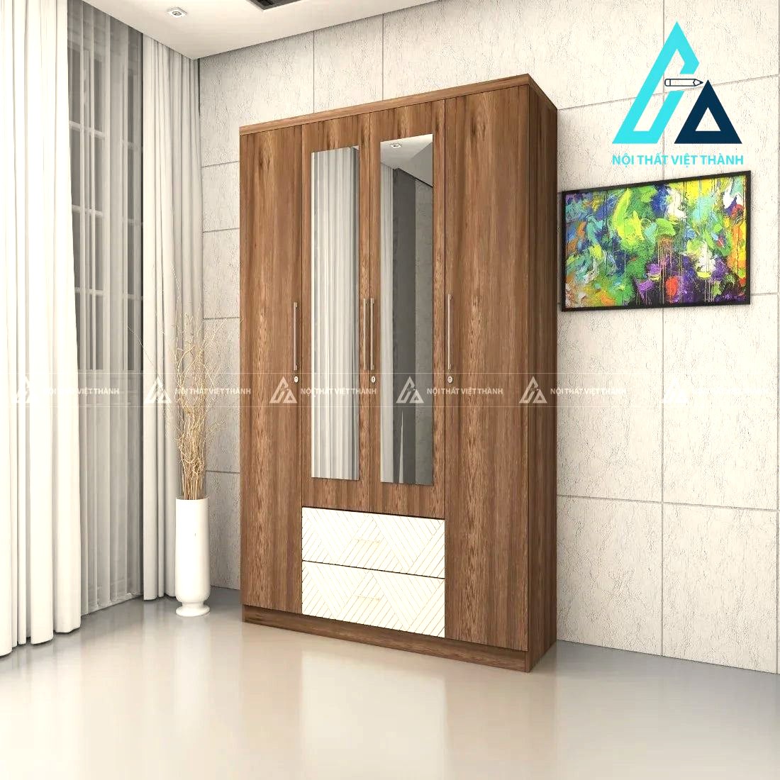 Tủ quần áo 4 cánh MDF vân gỗ nâu phối trắng có gương hiện đại