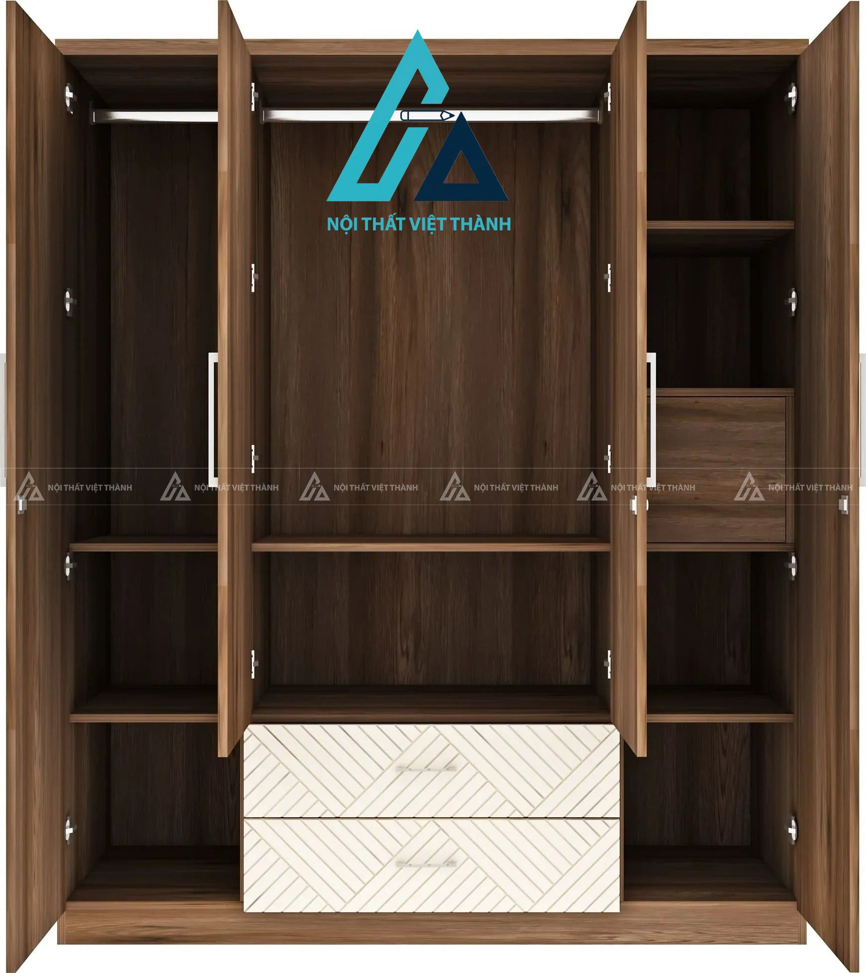 Tủ quần áo 4 cánh MDF vân gỗ nâu phối trắng có gương hiện đại 1