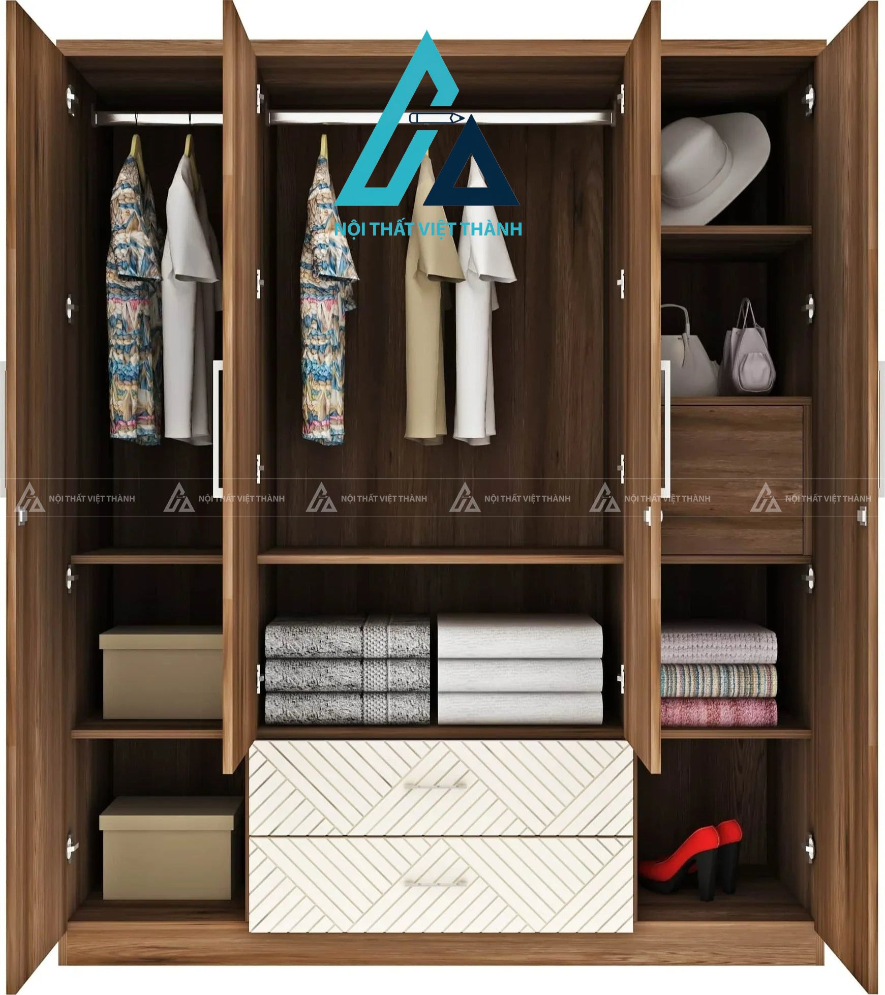 Tủ quần áo 4 cánh MDF vân gỗ nâu phối trắng có gương hiện đại 2