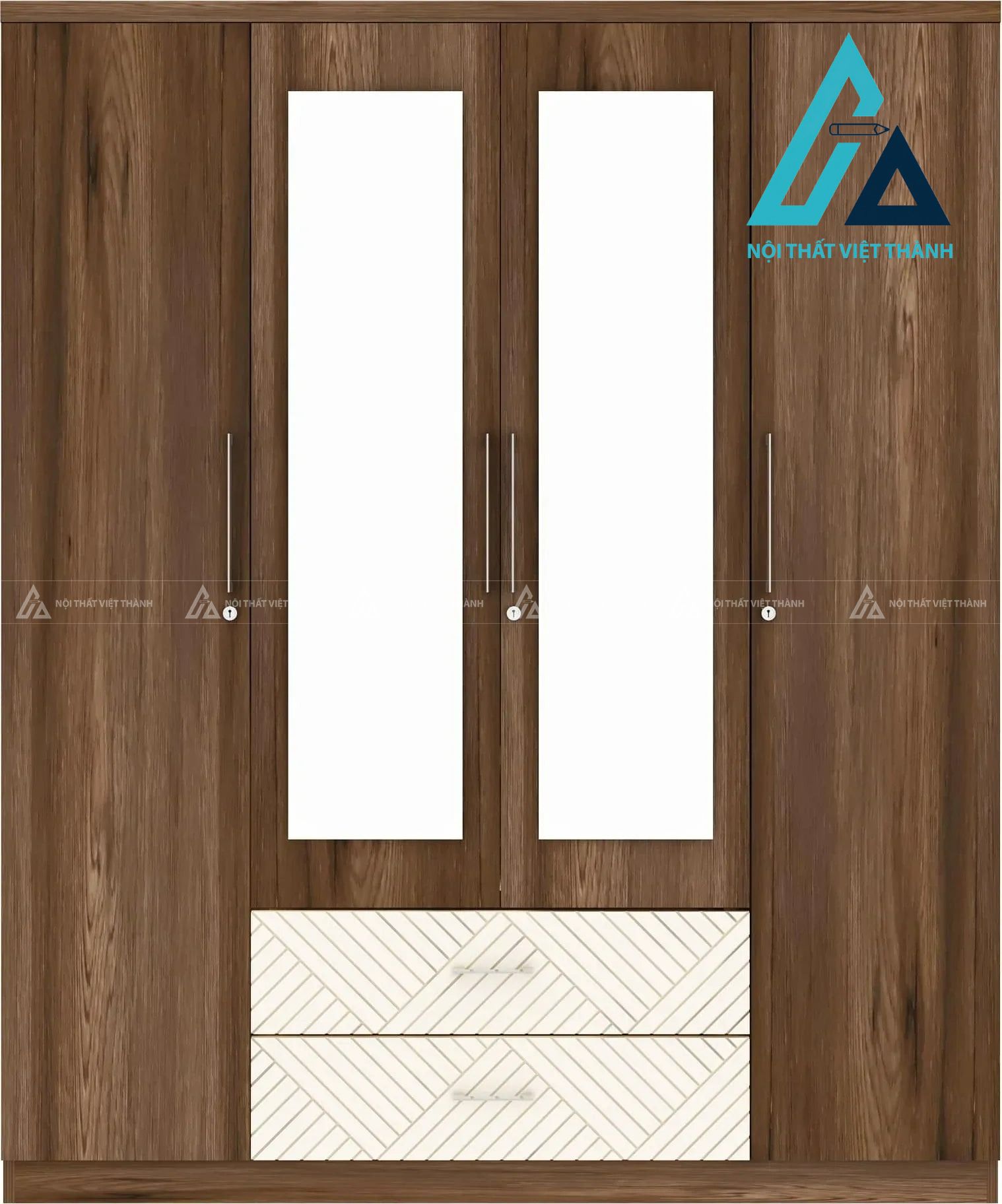 Tủ quần áo 4 cánh MDF vân gỗ nâu phối trắng có gương hiện đại 3