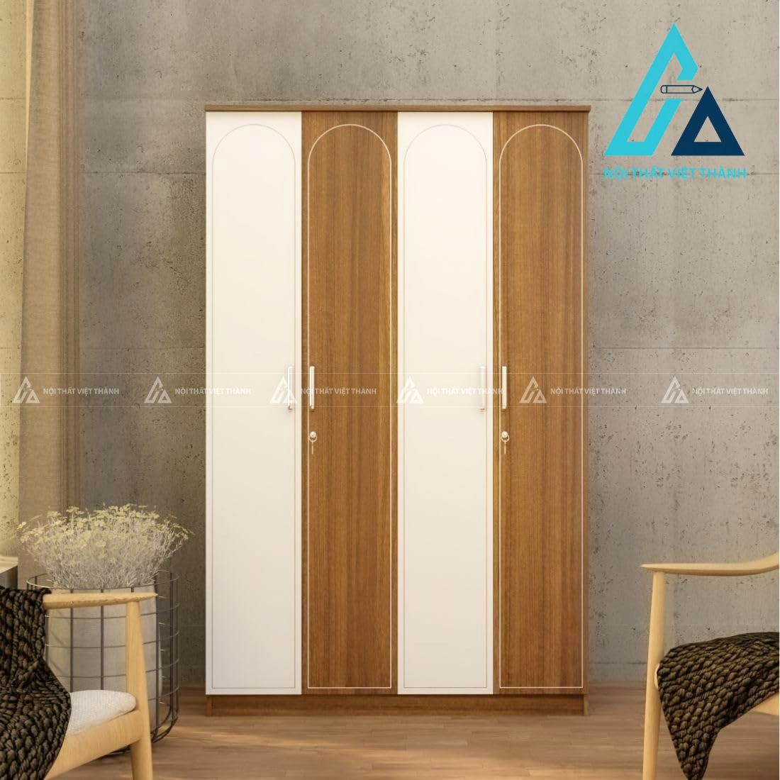 Tủ quần áo 4 cánh MDF vân gỗ nâu phối trắng thiết kế tiện nghi