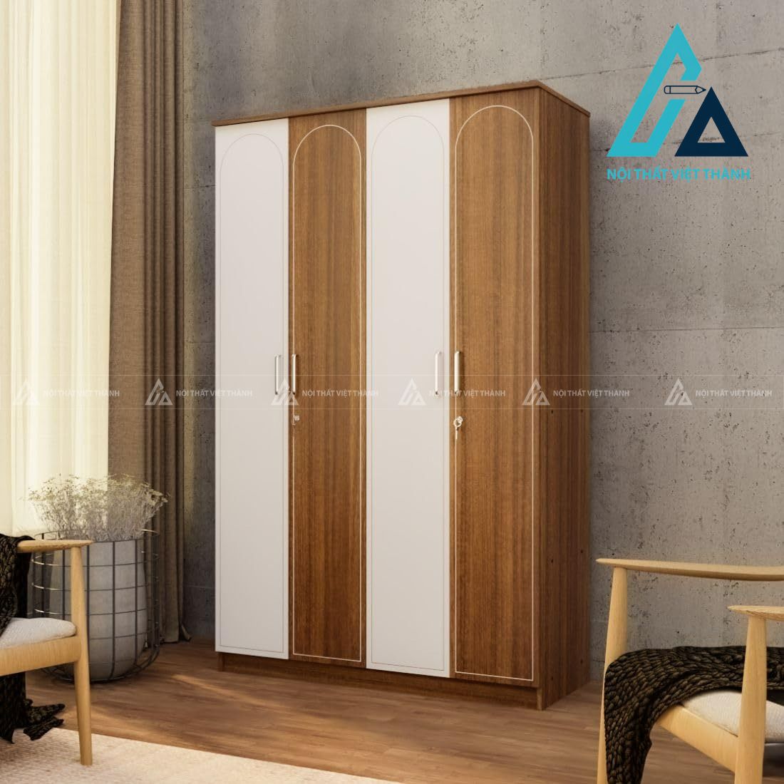 Tủ quần áo 4 cánh MDF vân gỗ nâu phối trắng thiết kế tiện nghi 2