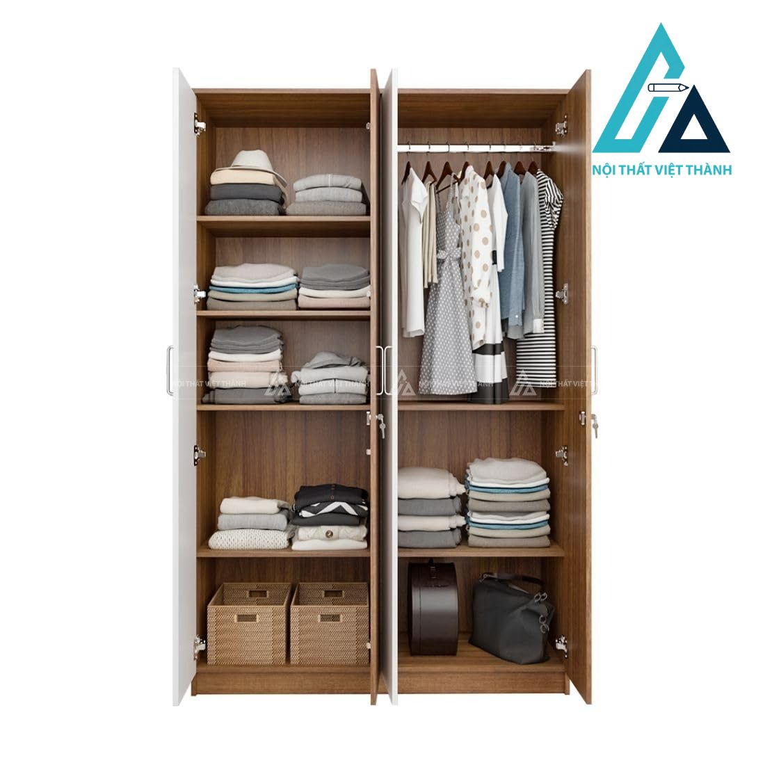 Tủ quần áo 4 cánh MDF vân gỗ nâu phối trắng thiết kế tiện nghi 4