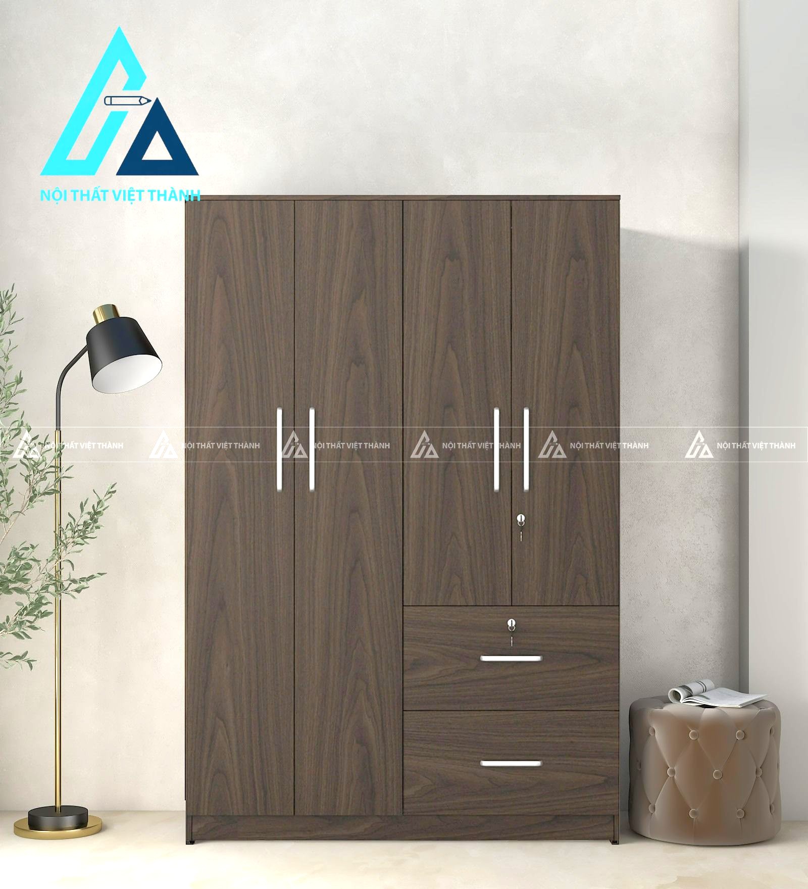 Tủ quần áo 4 cánh MDF vân gỗ óc chó có ngăn kéo tiện nghi hiện đại