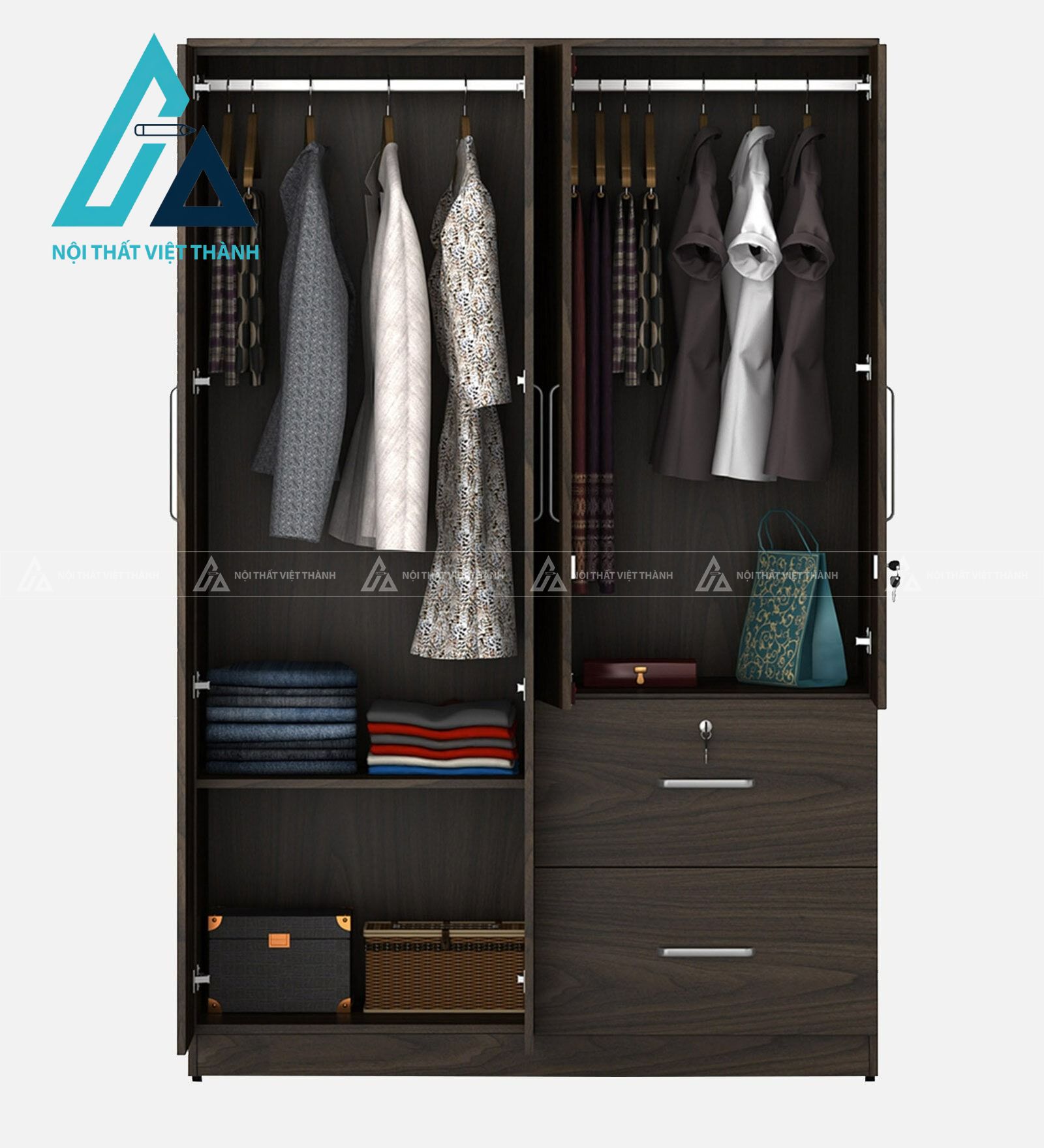 Tủ quần áo 4 cánh MDF vân gỗ óc chó có ngăn kéo tiện nghi hiện đại 1