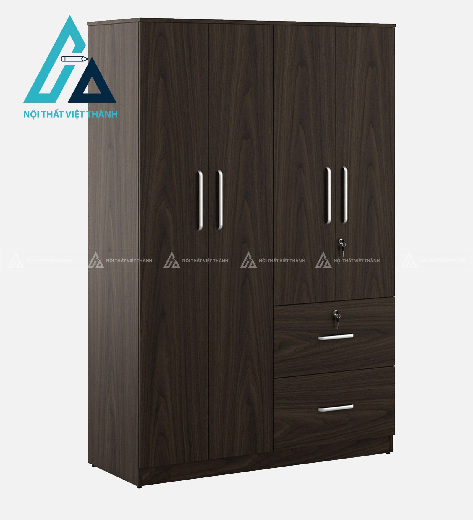 Tủ quần áo 4 cánh MDF vân gỗ óc chó có ngăn kéo tiện nghi hiện đại 2