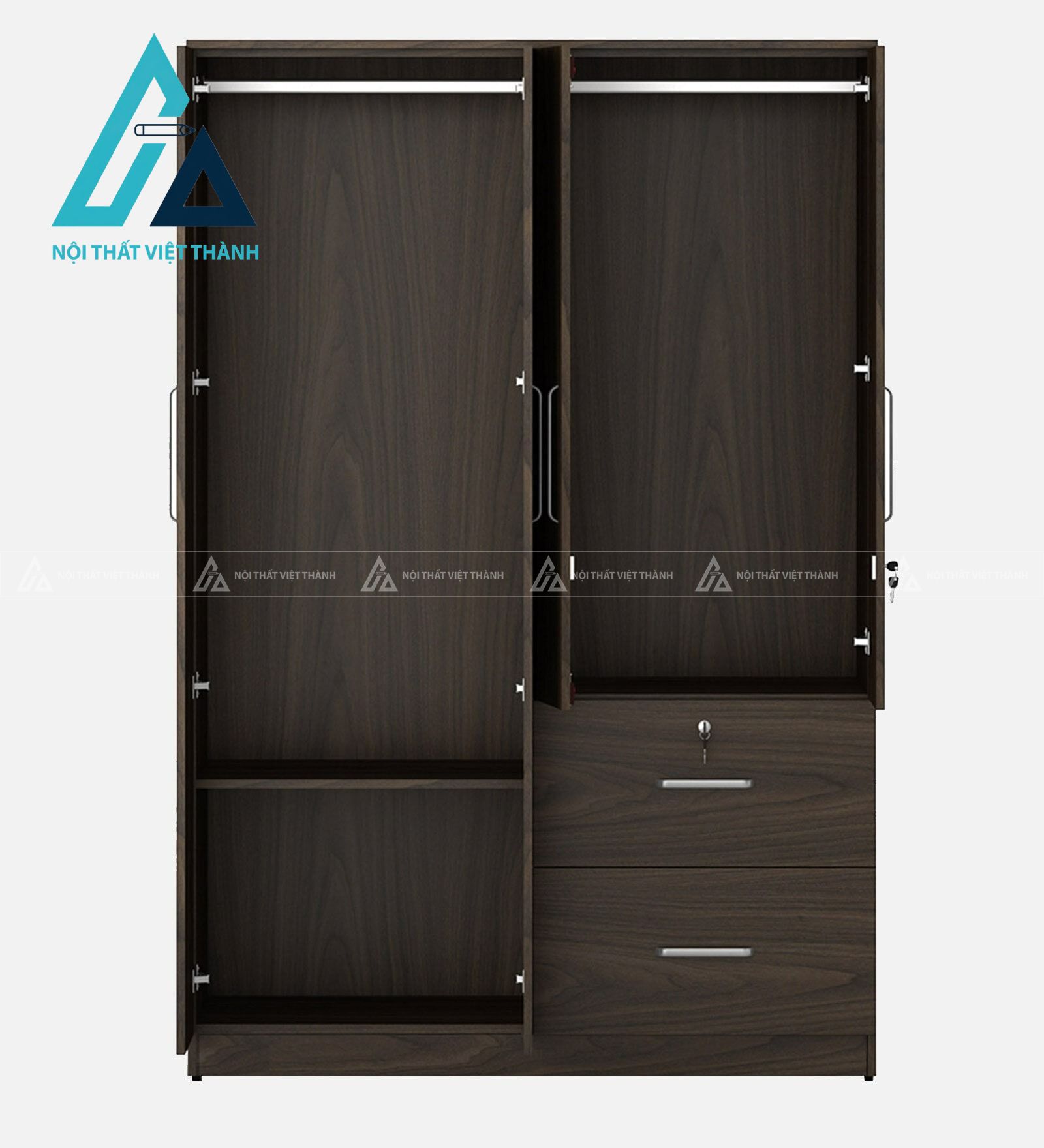 Tủ quần áo 4 cánh MDF vân gỗ óc chó có ngăn kéo tiện nghi hiện đại 4