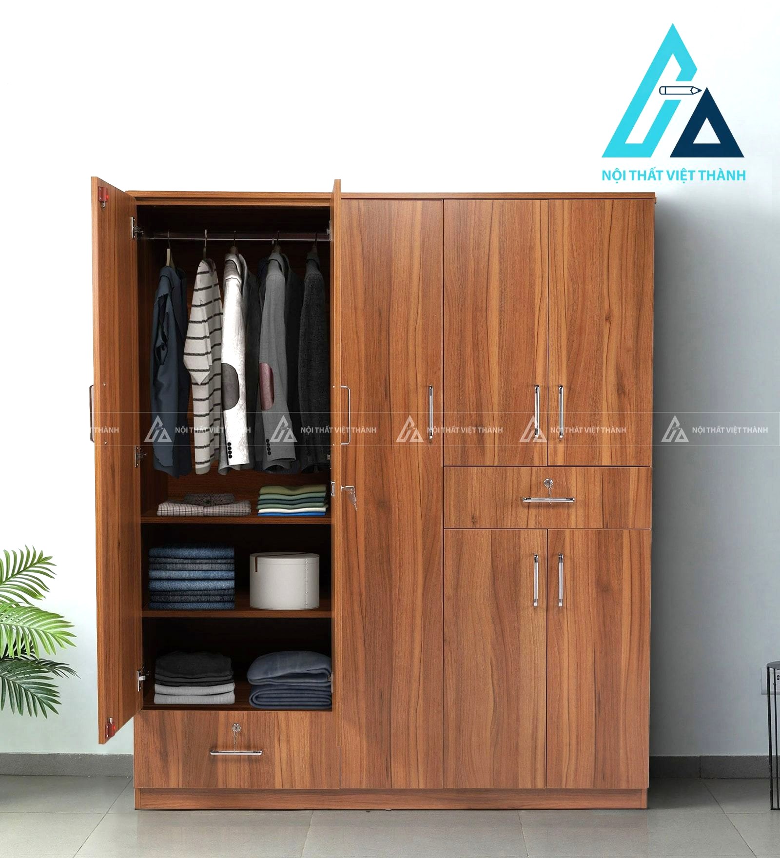 Tủ quần áo 5 cánh gỗ MDF vân óc chó hiện đại đa năng tiện nghi