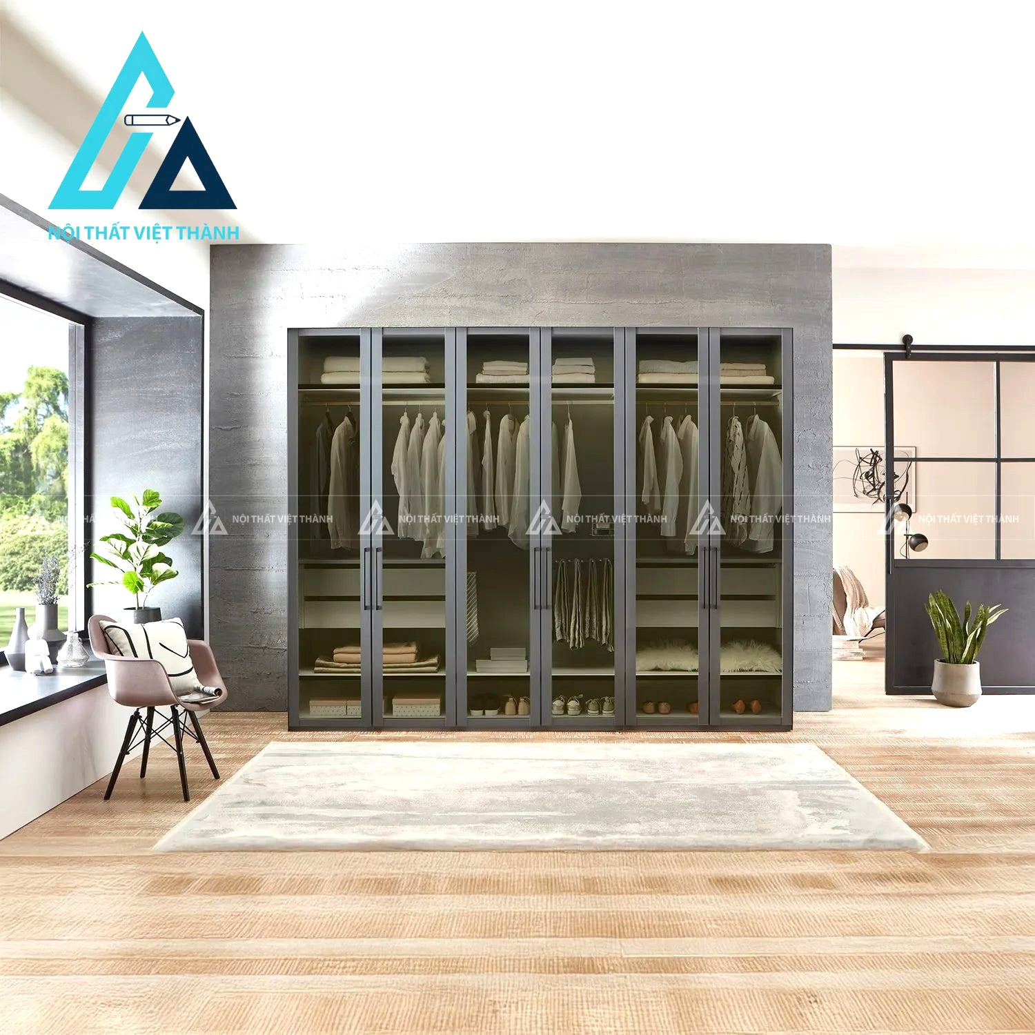 Tủ quần áo 6 cánh kính đen khói MDF cao cấp phong cách hiện đại