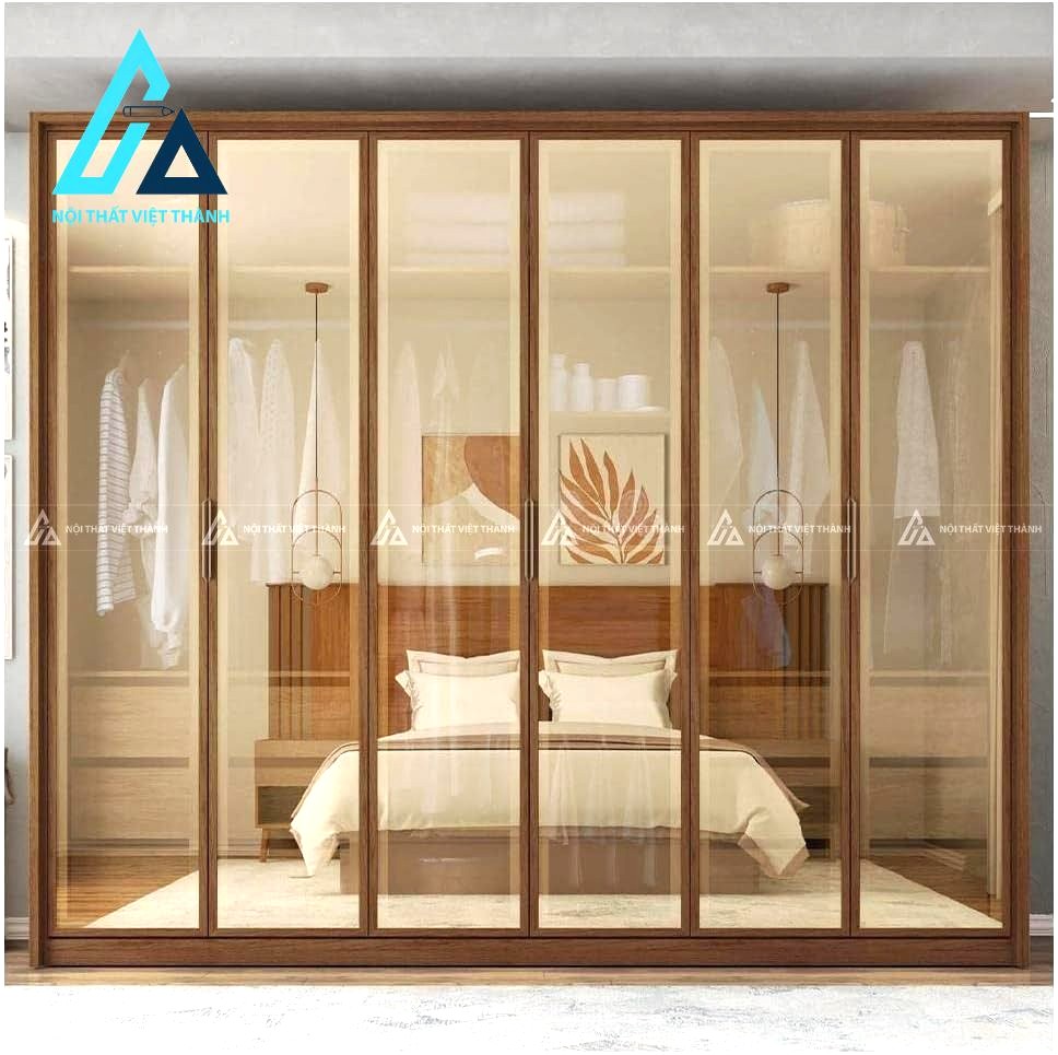 Tủ quần áo 6 cánh kính khung gỗ hiện đại có ngăn kéo tiện dụng