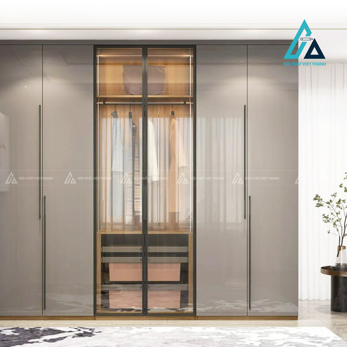 Tủ quần áo 6 cánh kính màu xám MDF hiện đại sang trọng cao cấp 2