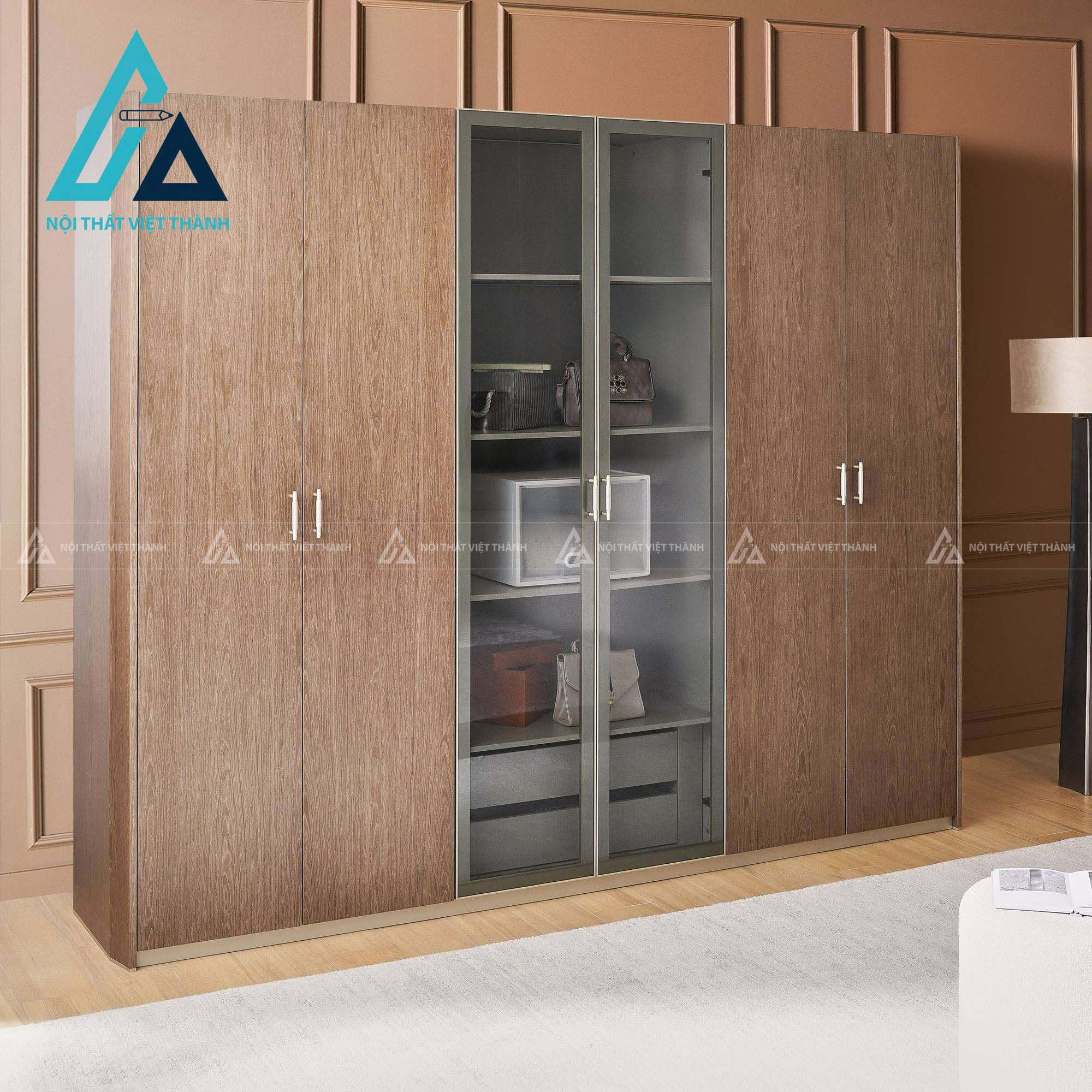 Tủ quần áo 6 cánh kính màu xám MDF tích hợp LED hiện đại cao cấp