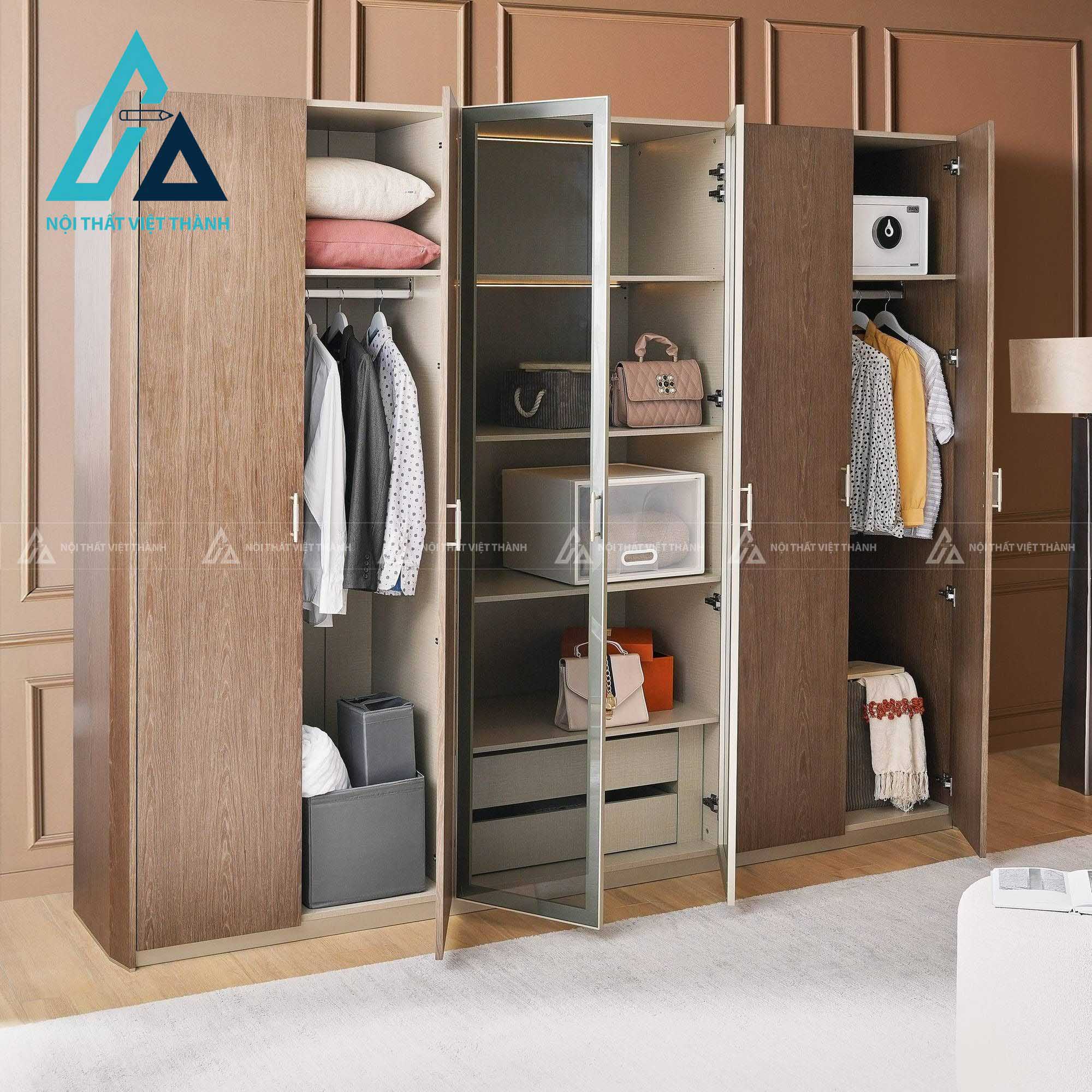 Tủ quần áo 6 cánh kính màu xám MDF tích hợp LED hiện đại cao cấp 1